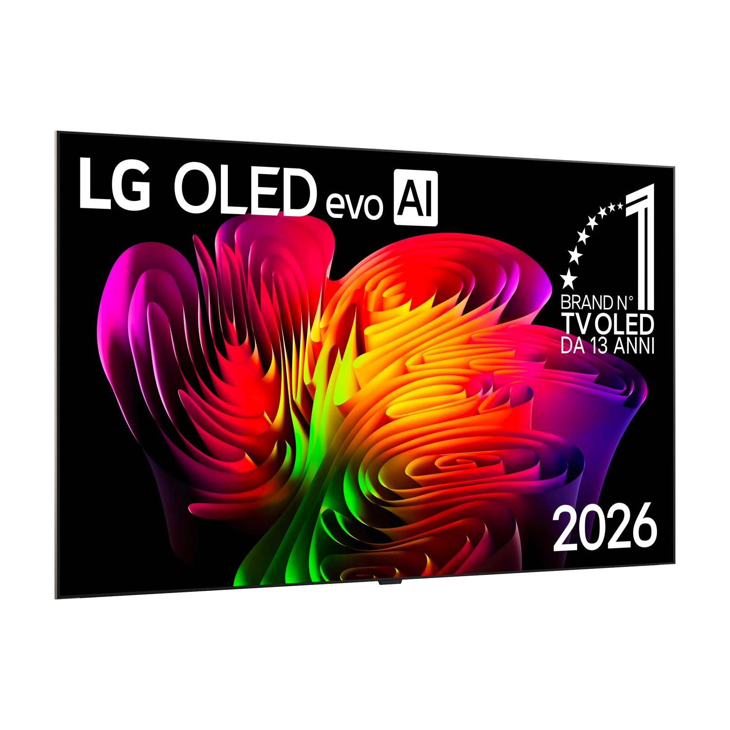 TV LG OLED evo AI con design astratto colorato, stelle e il numero 1.