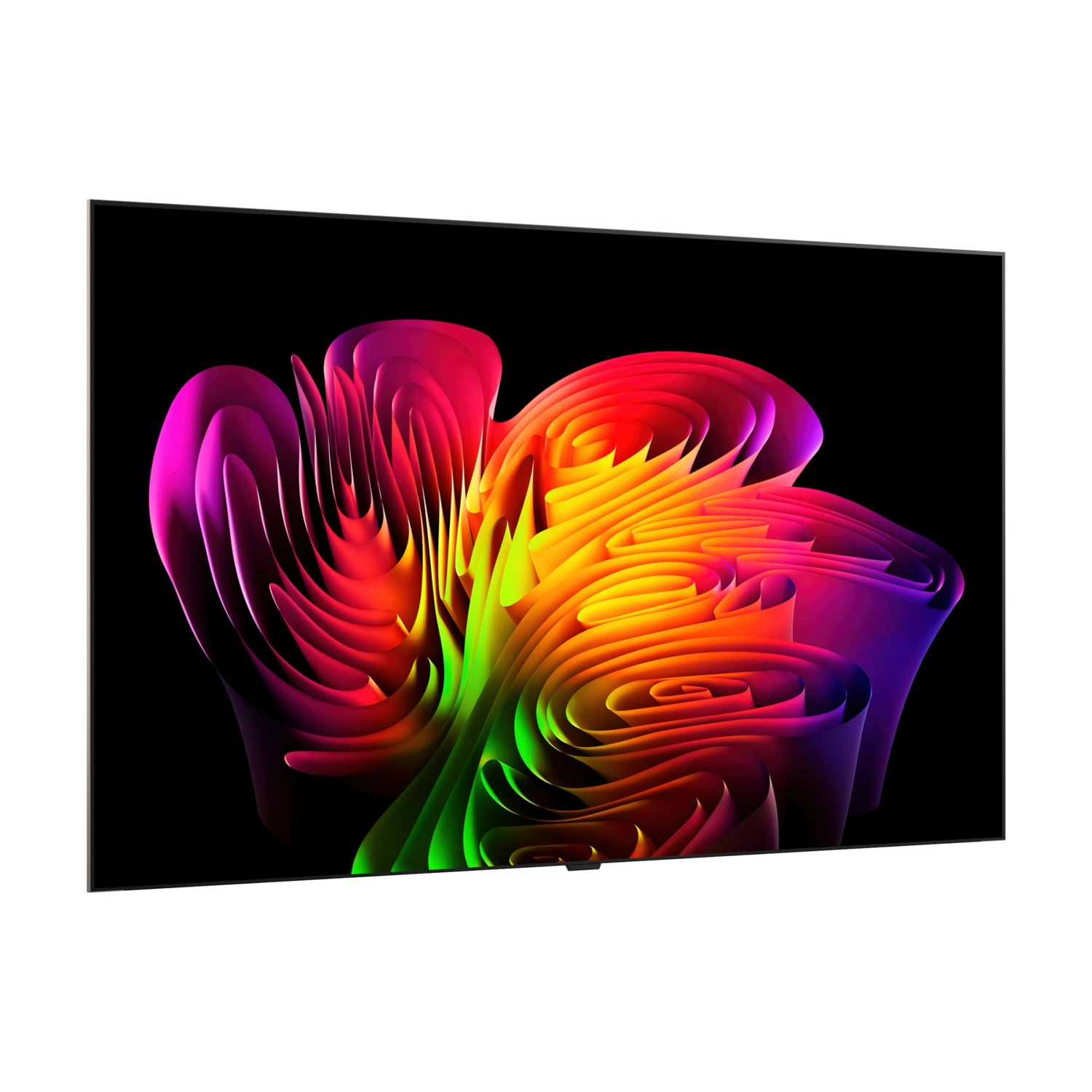 Una TV moderna mostra una grafica 3D astratta e colorata a gradiente.