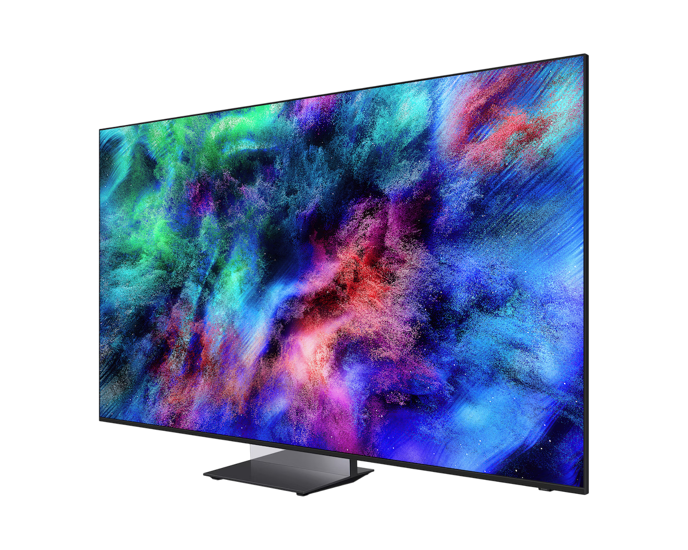 Modern bir TV, mavi, yeşil, mor ve kırmızı tonlarında canlı, renkli bir bulutsu gösteriyor.