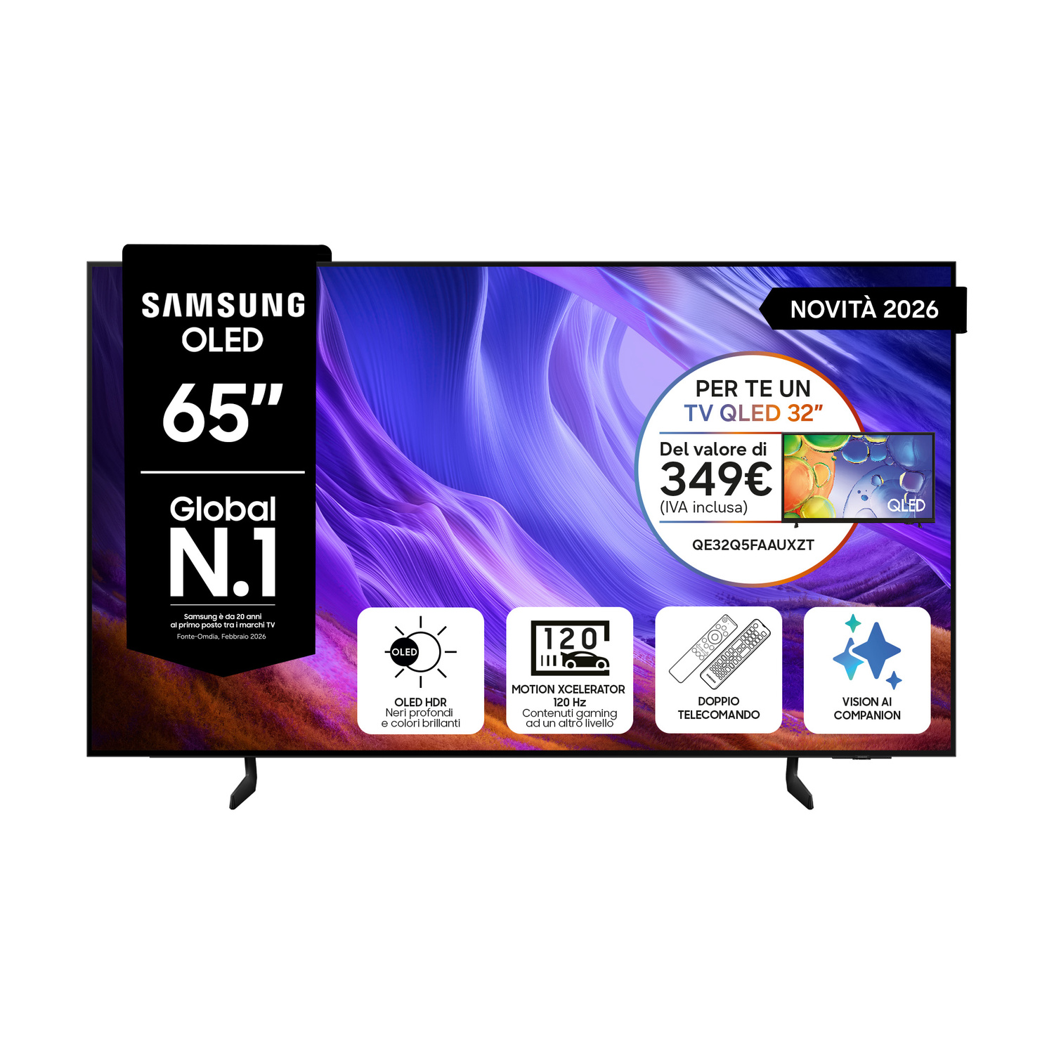 TV Samsung OLED 65 pollici con offerta TV QLED 32 pollici. Include Motion Xcelerator.