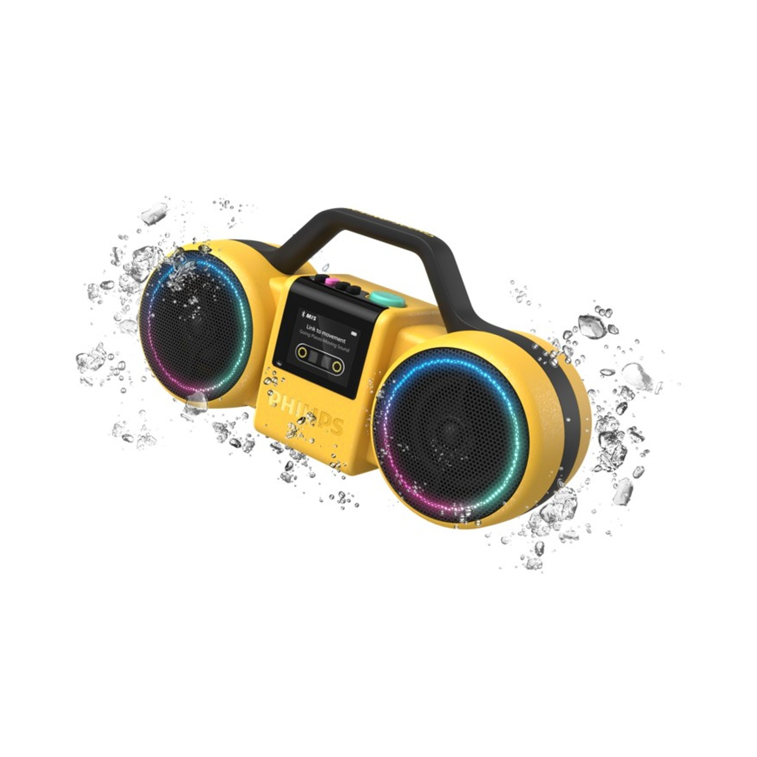 Boombox gialla con due altoparlanti, circondata da acqua e bolle.