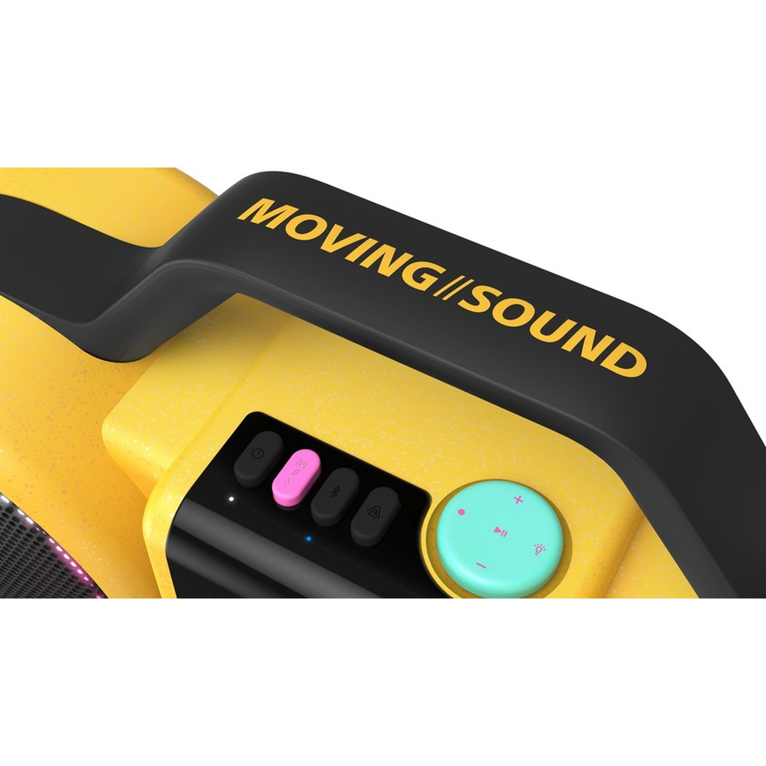 Altoparlante giallo con manico nero "MOVING//SOUND" e pulsanti di controllo.