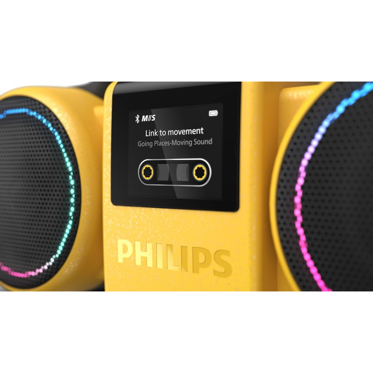Boombox Philips giallo con luci LED colorate sugli altoparlanti e schermo che mostra musica.