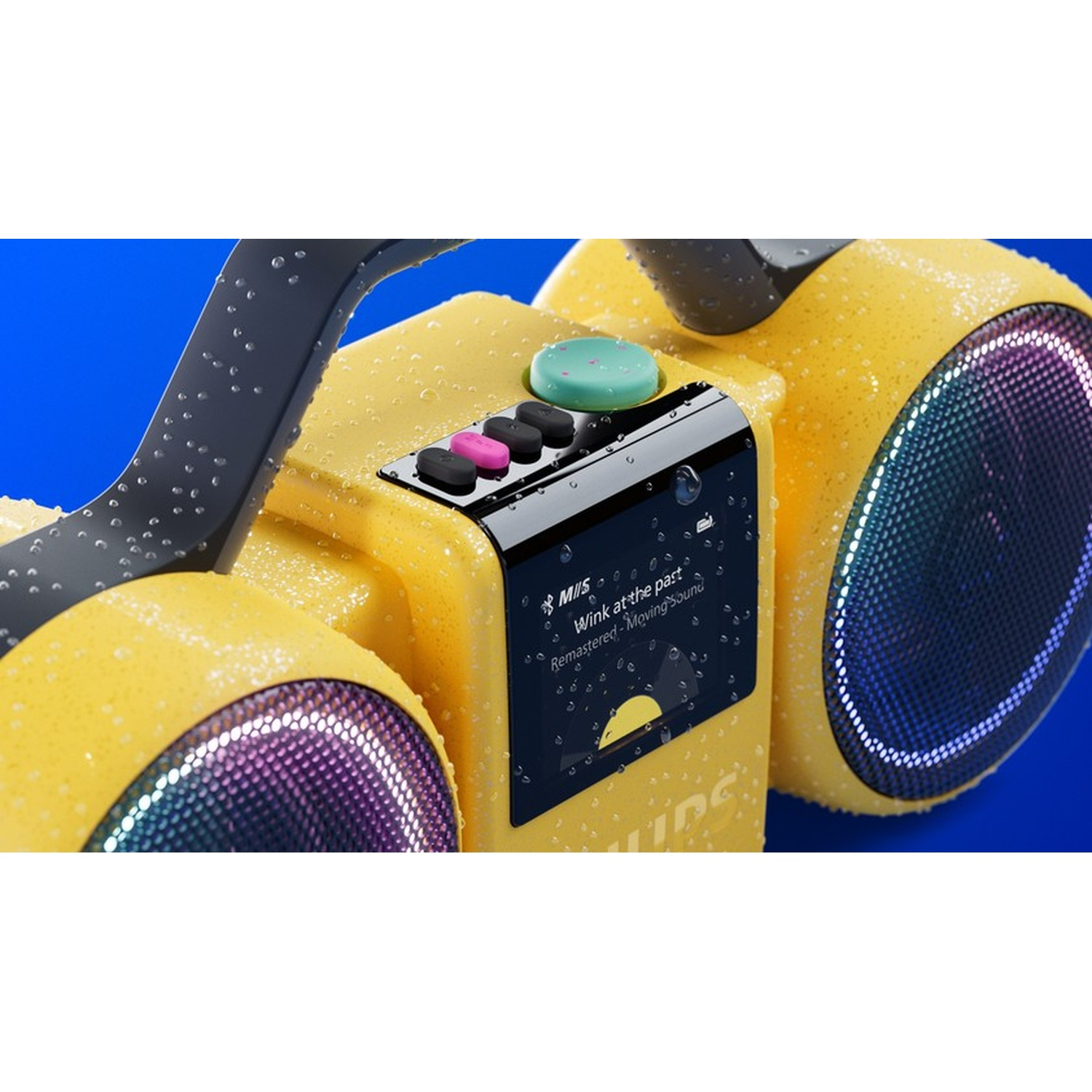 Altoparlante Bluetooth giallo con gocce d'acqua, griglia colorata e pulsanti.