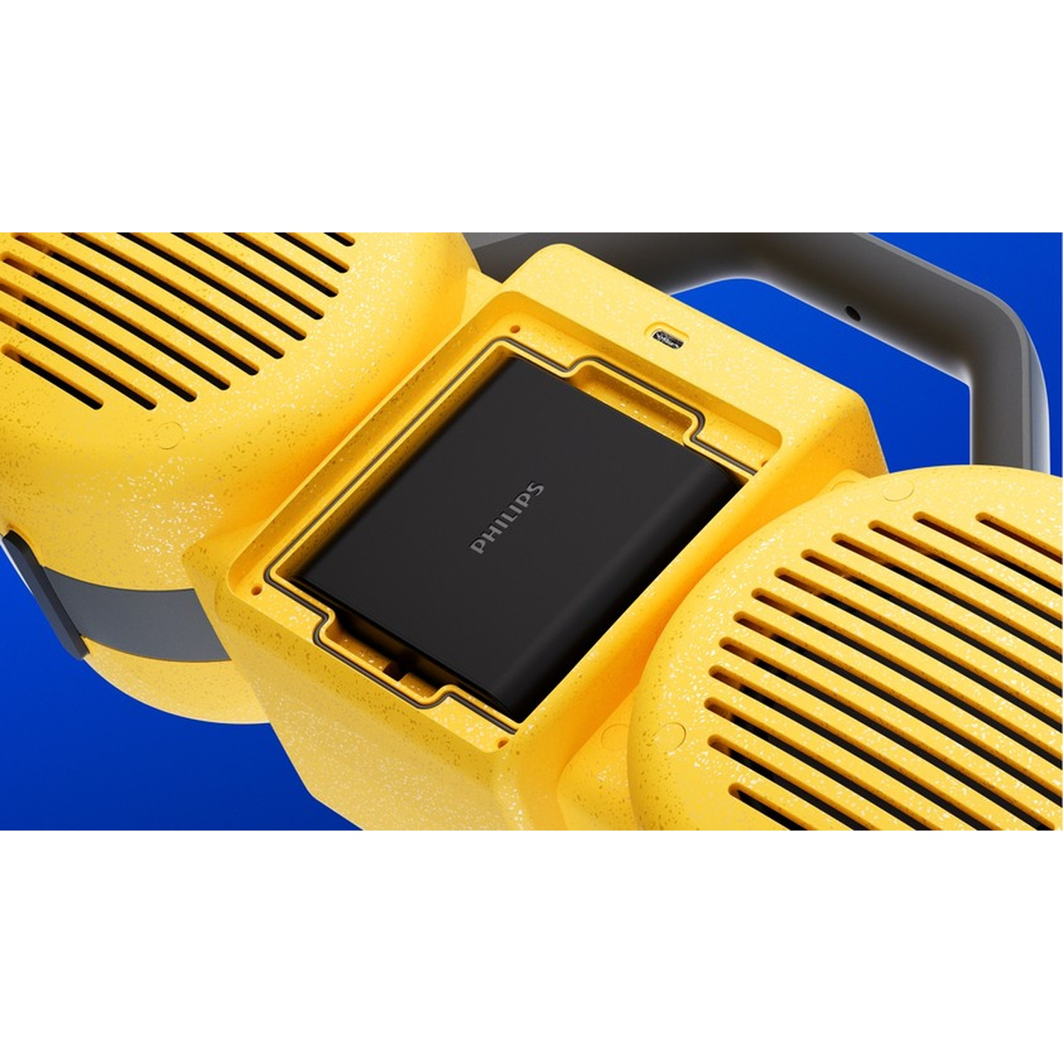 Un dispositivo Philips nero è alloggiato in una custodia gialla con prese d'aria.