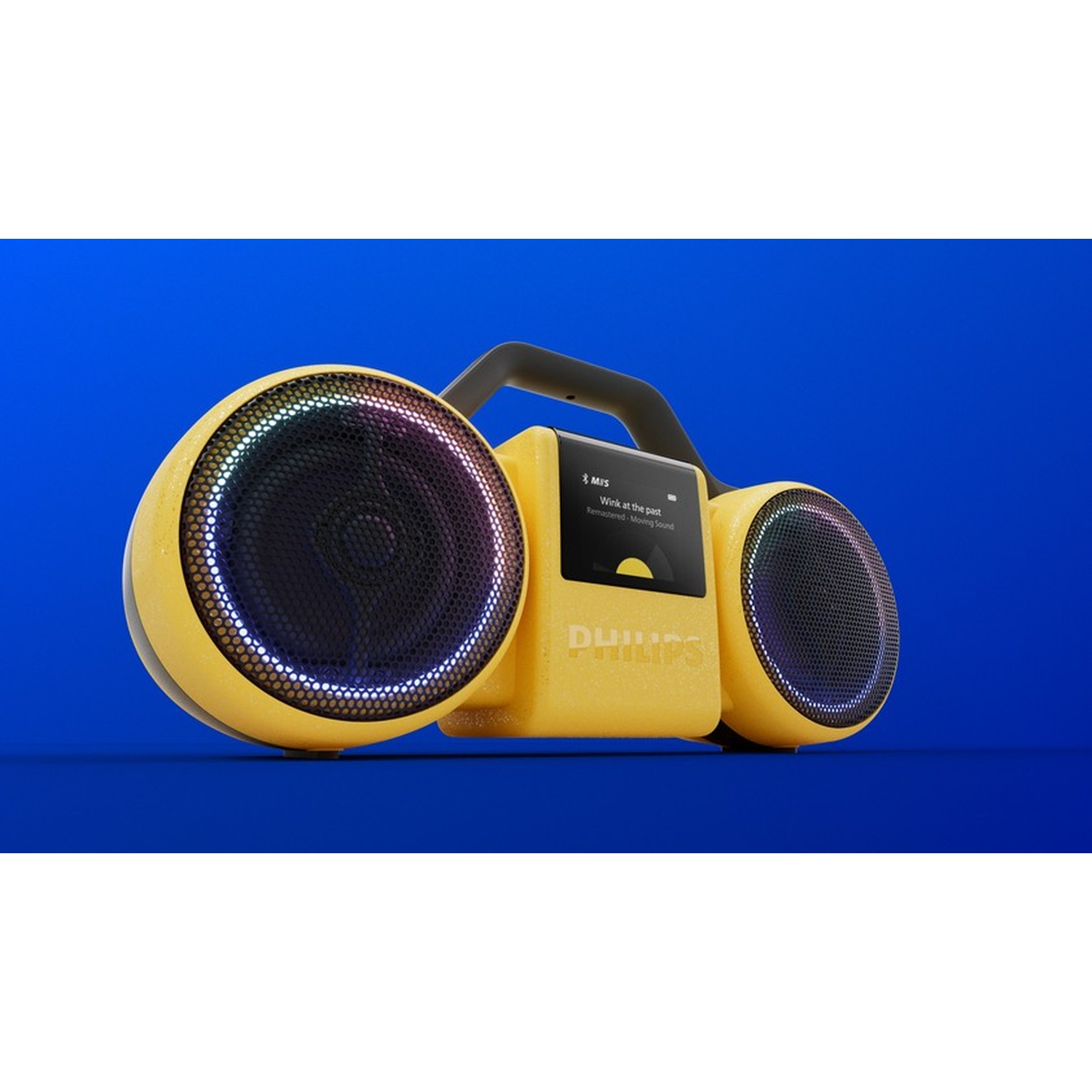 Boombox giallo con due altoparlanti e uno schermo, su sfondo blu.