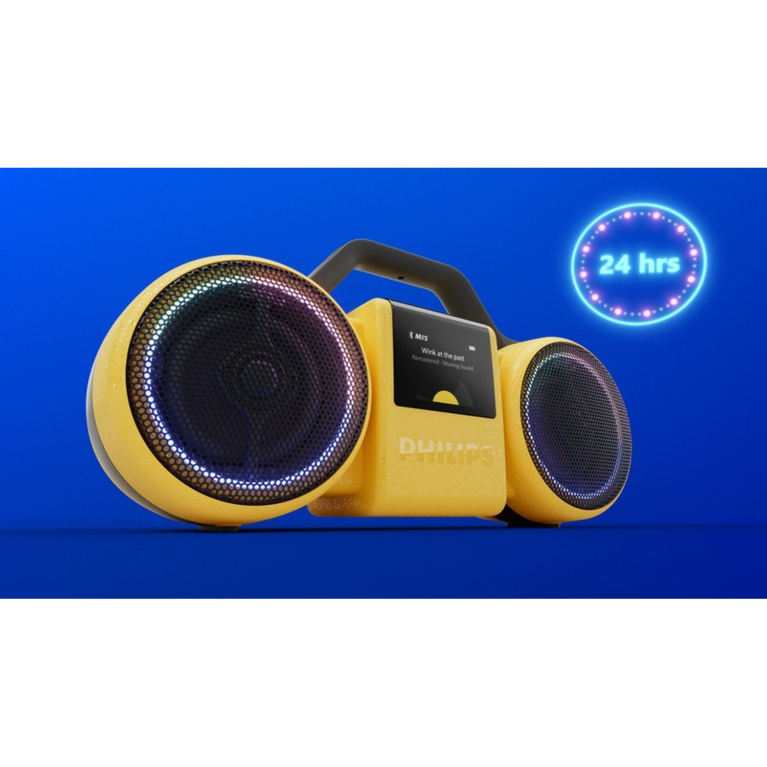 Altoparlante portatile giallo con luci e icona 24 ore.