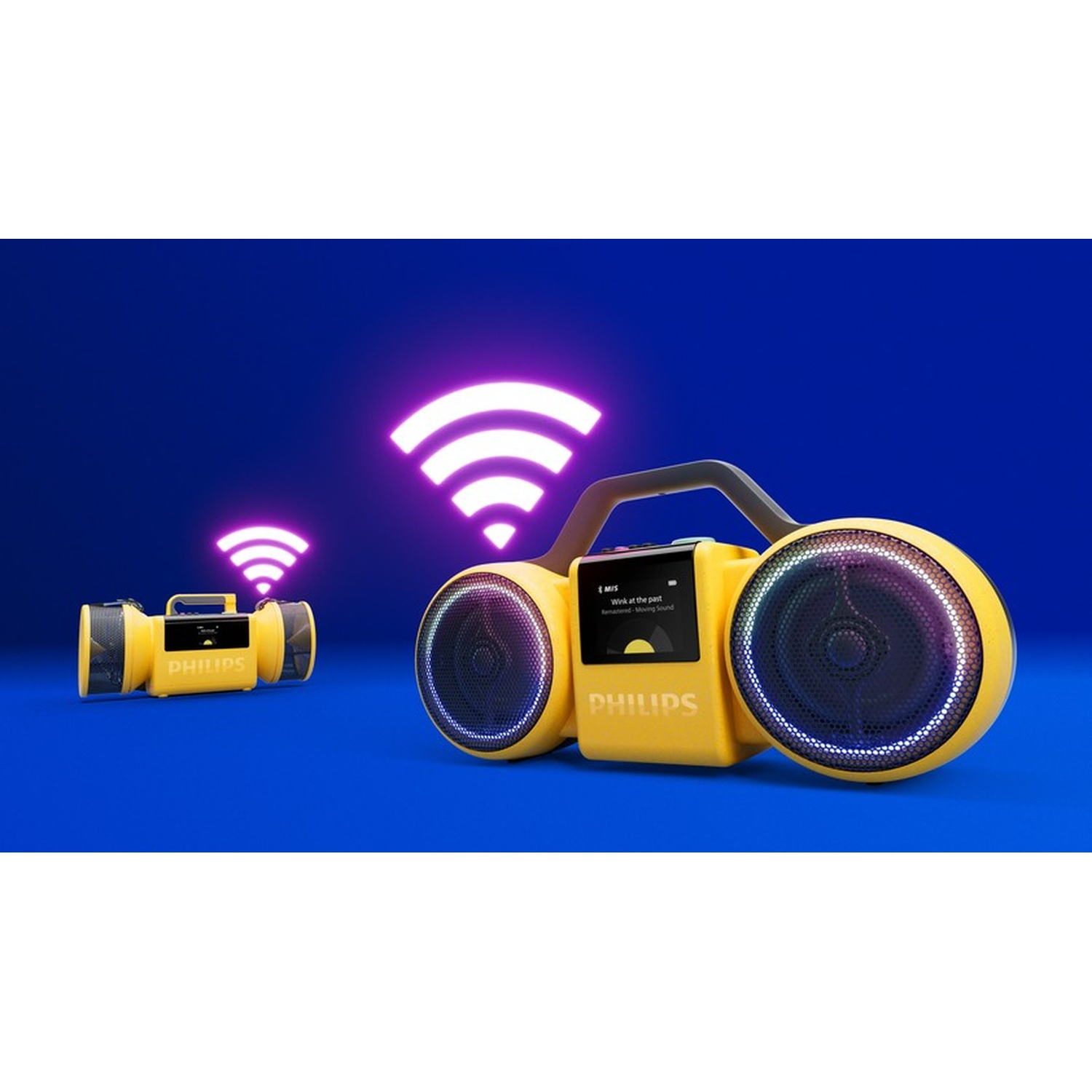 Due radio Philips gialle con simboli WiFi, una più grande davanti.