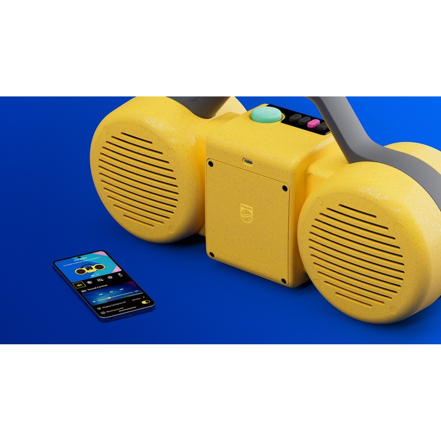 Boombox gialla con smartphone che mostra app musicale, su sfondo blu.