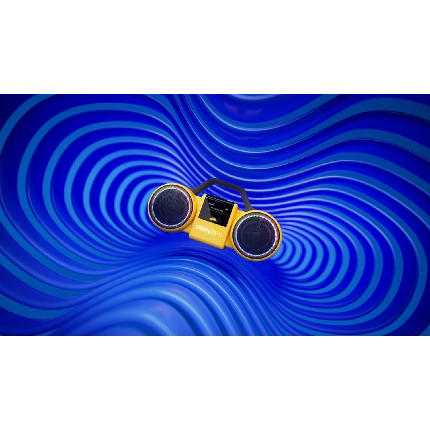 Una cassa Bluetooth gialla con manico poggia su una superficie ondulata blu.
