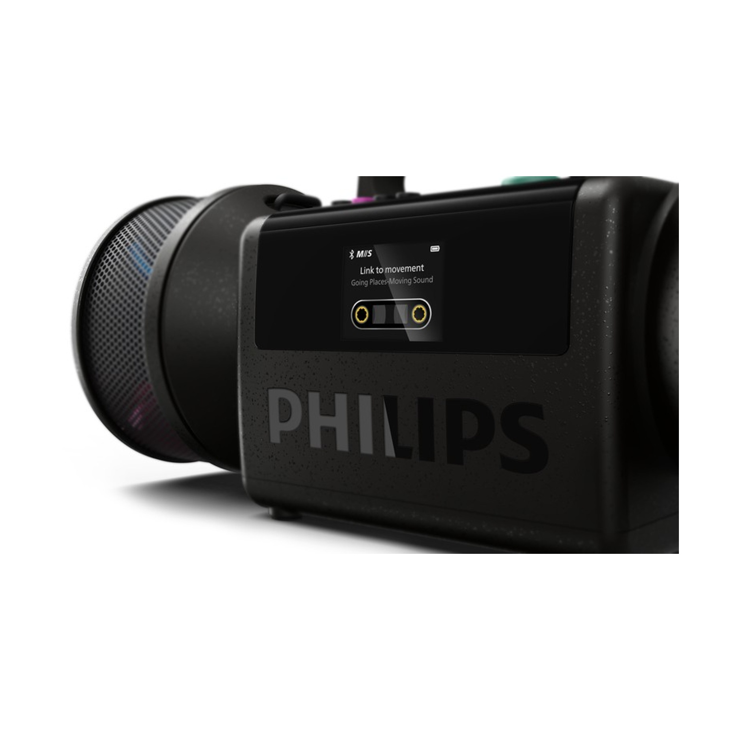 Altoparlante Philips nero con schermo digitale che mostra 'Link to movement'.