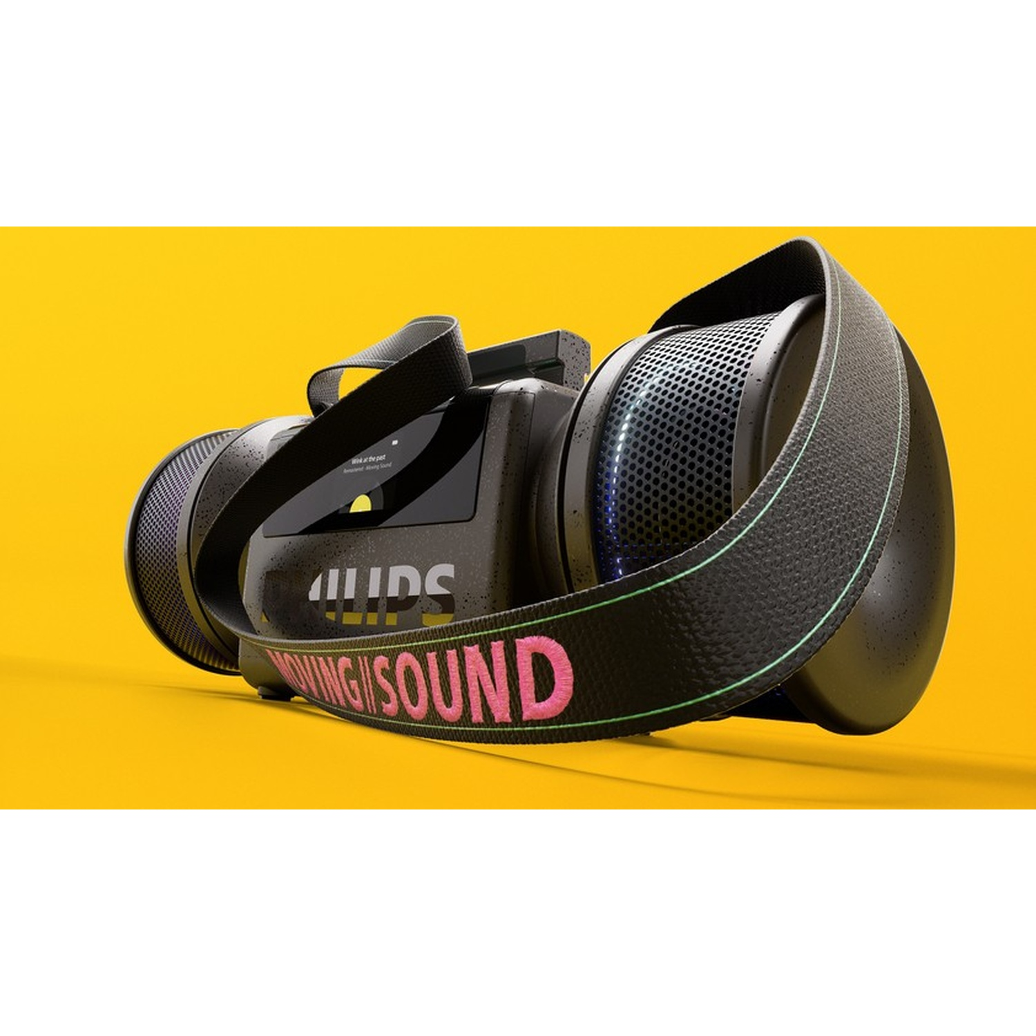 Altoparlante nero con scritta rosa 'MOVING SOUND' su sfondo giallo.