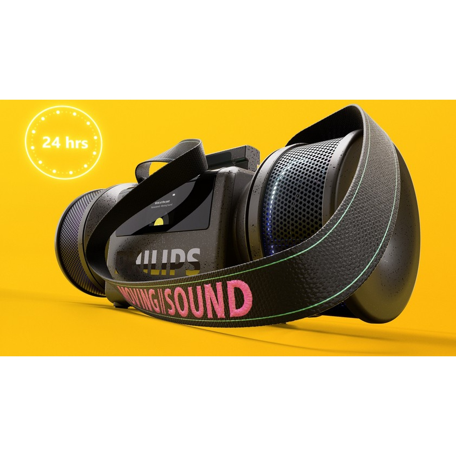 Altoparlante nero con tracolla e scritta "MOVING SOUND". Sfondo giallo. Icona 24 ore.