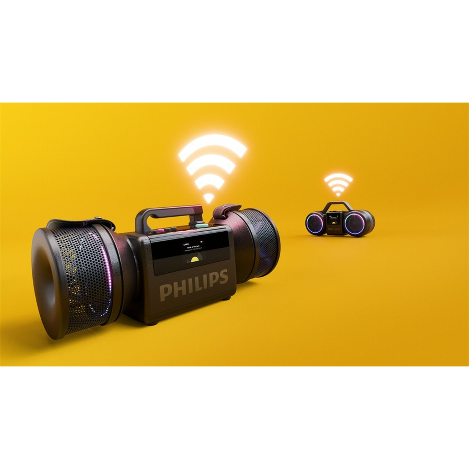 Due altoparlanti Philips con icone Wi-Fi su sfondo giallo.