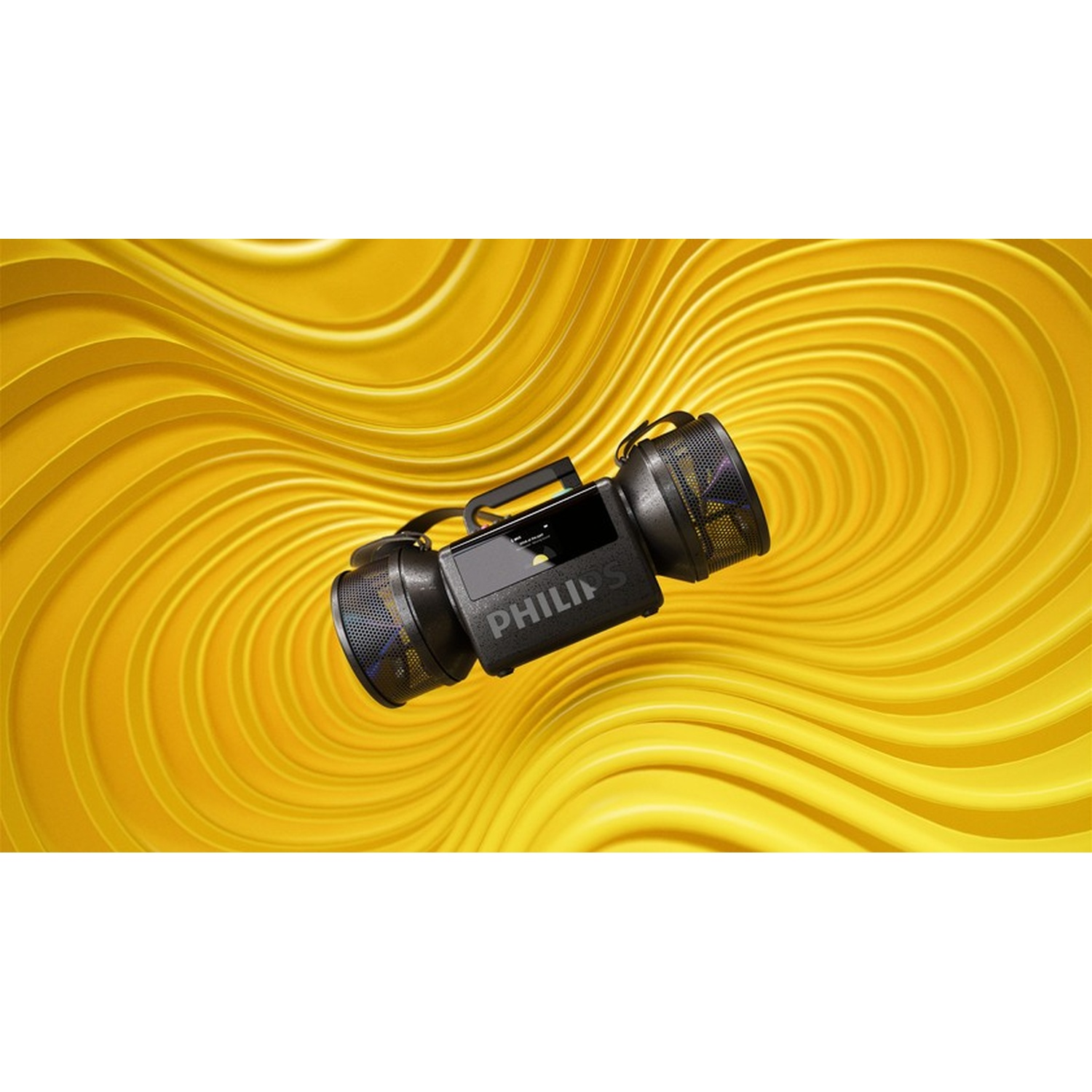 Una boombox Philips nera con altoparlanti colorati su sfondo giallo ondulato.