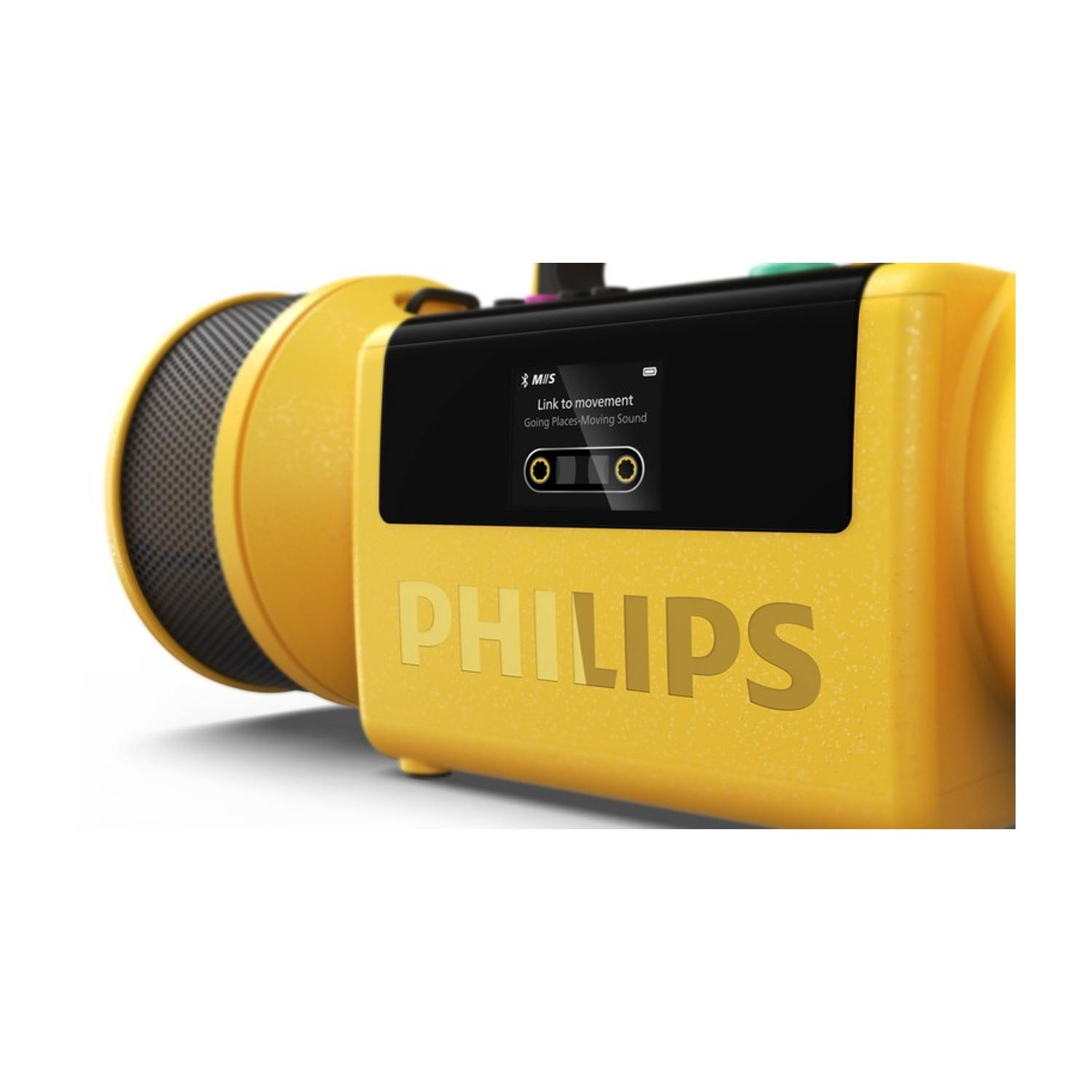 Dispositivo Philips giallo con schermo nero e altoparlante.