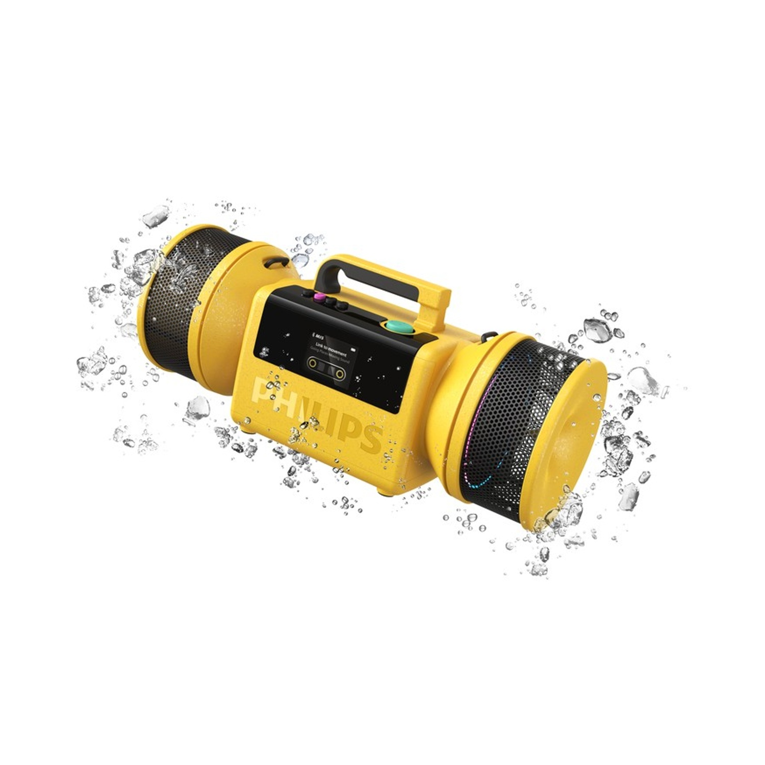 Altoparlante giallo impermeabile con manico, circondato da schizzi d'acqua.