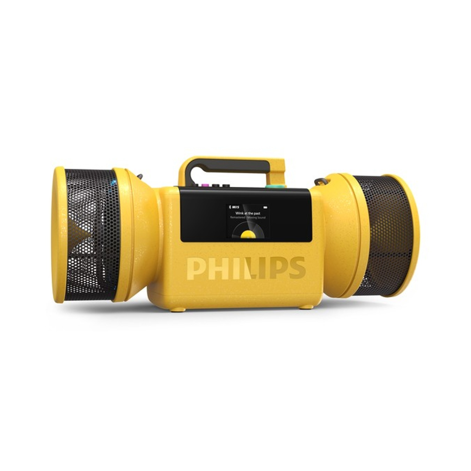 Altoparlante Philips giallo con griglia nera e manico su sfondo bianco.