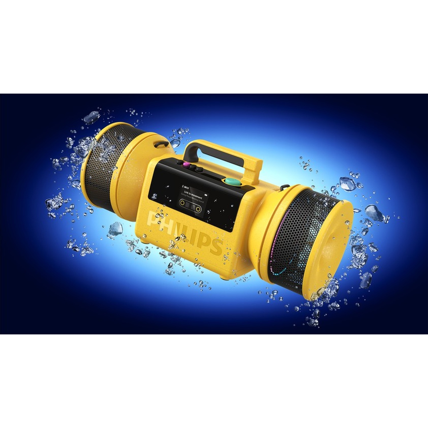 Un altoparlante Philips giallo con schizzi d'acqua su sfondo blu.