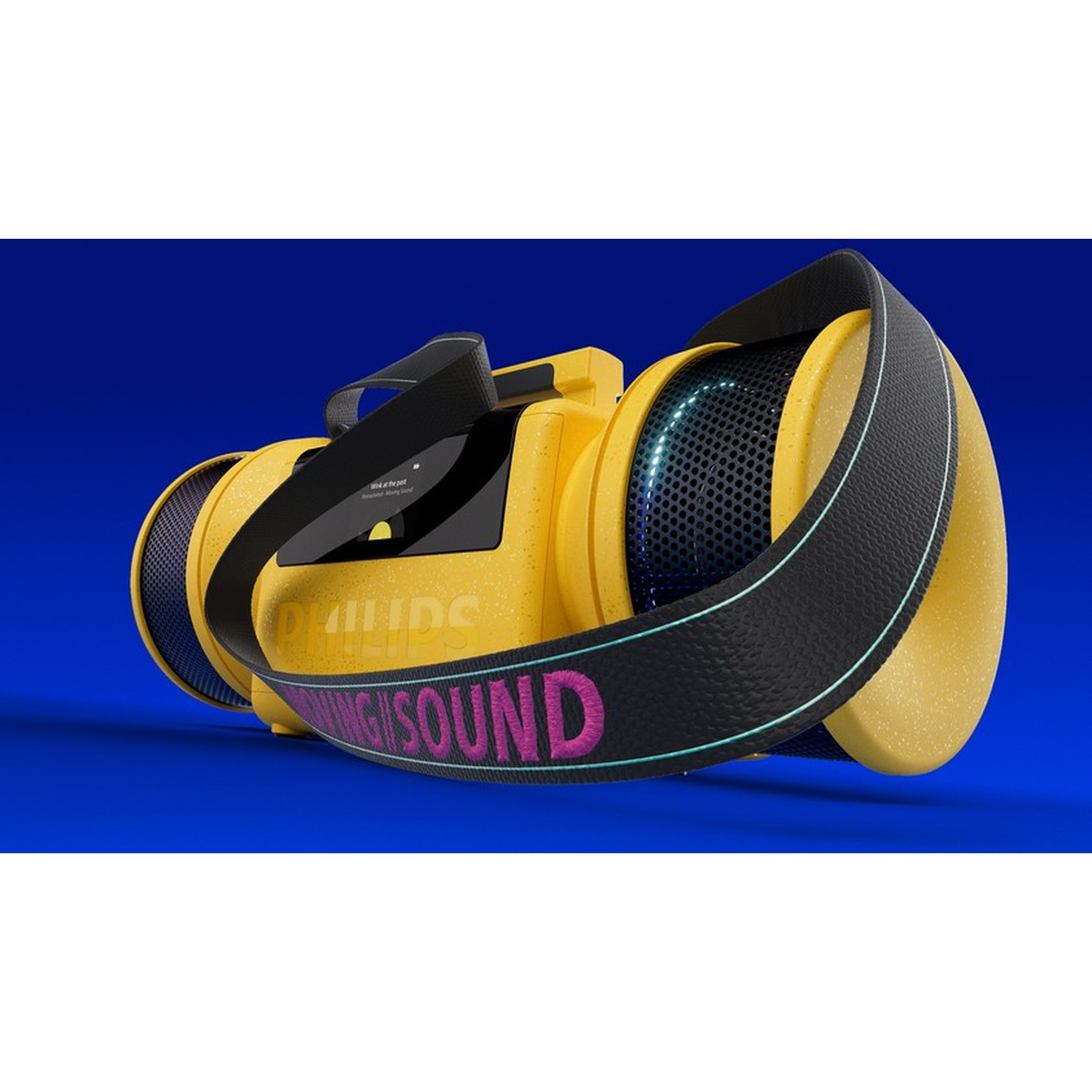 Altoparlante portatile giallo con tracolla nera "BIGSOUND" su sfondo blu.