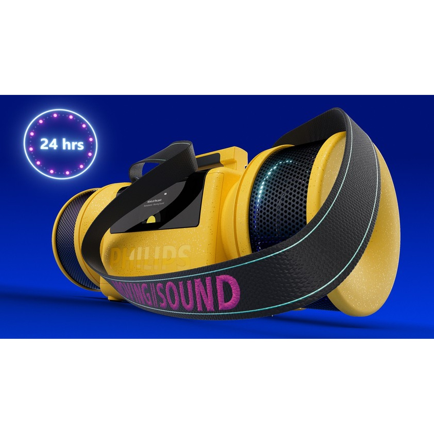 Altoparlante giallo con cinghia nera, mostra "24 ore" e testo "Philips".