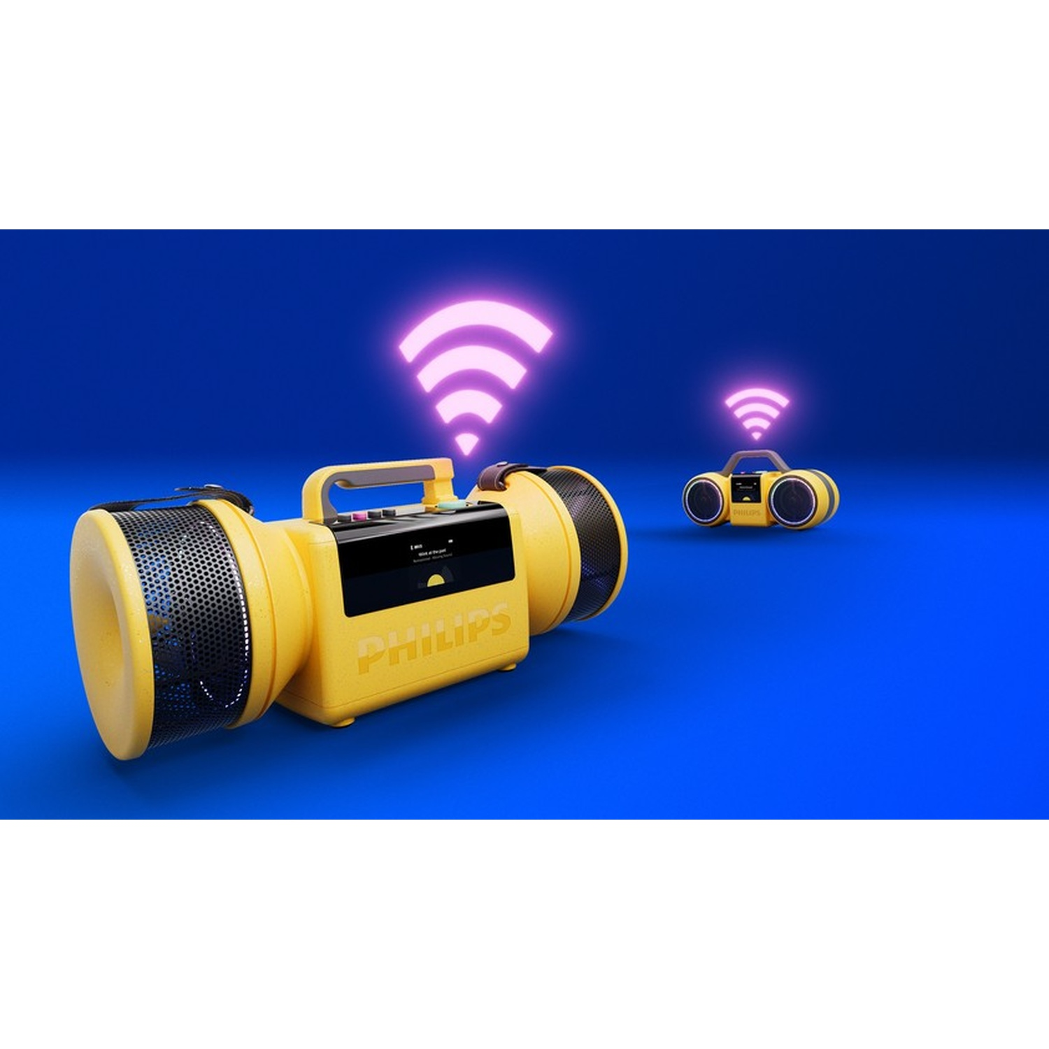 Due boombox Philips gialle su sfondo blu, che emettono segnali Wi-Fi rosa.
