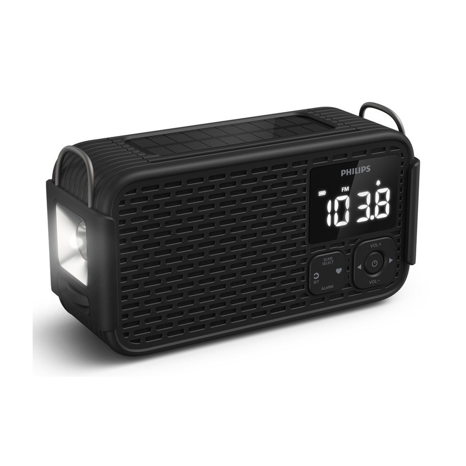 Radio Philips nera con pannello solare, torcia illuminata e display digitale.