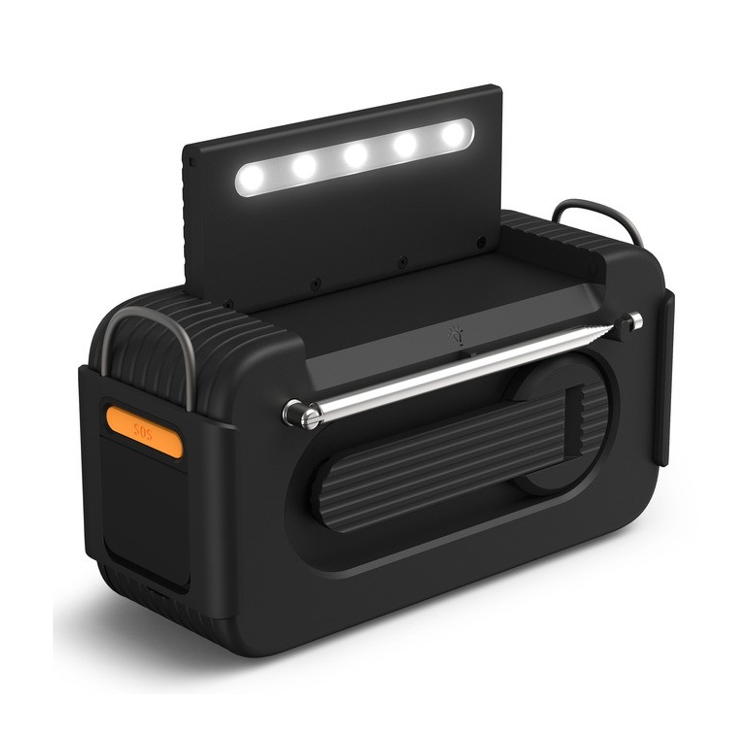 Radio multifunzione nera con luce LED e manovella.