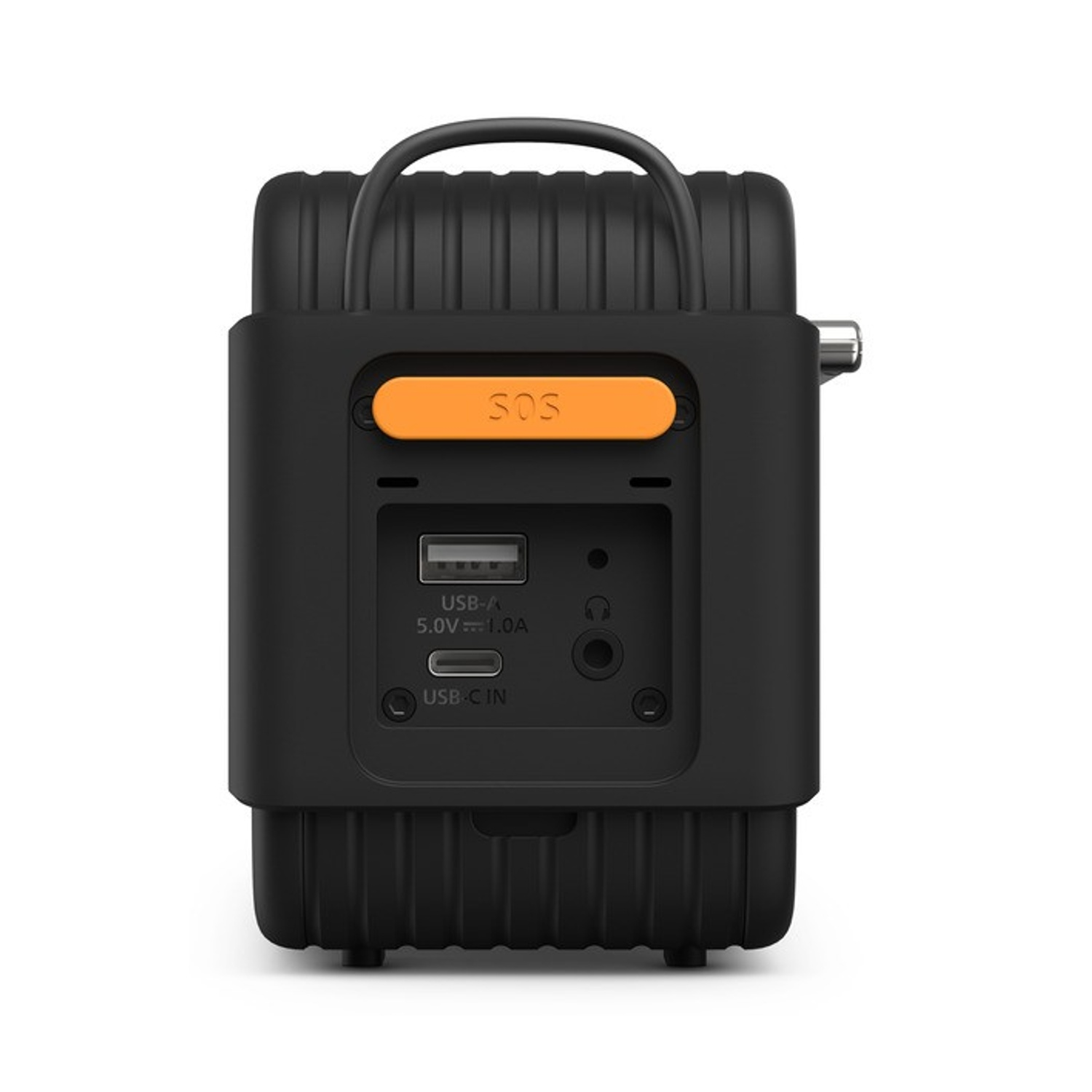 Dispositivo portatile nero con pulsante SOS arancione, porta USB-A e jack per cuffie.