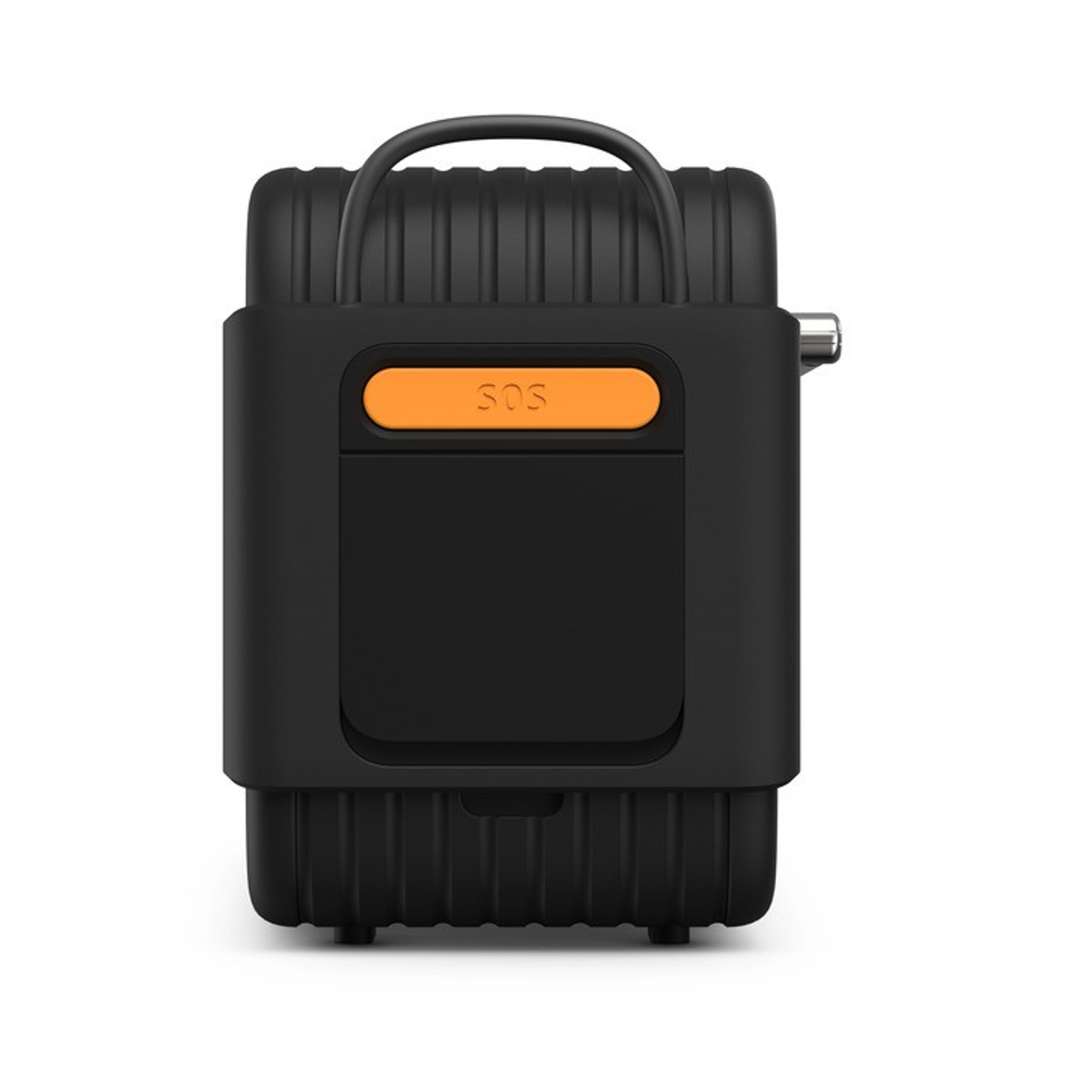 Un dispositivo portatile nero con pulsante SOS arancione e maniglia.
