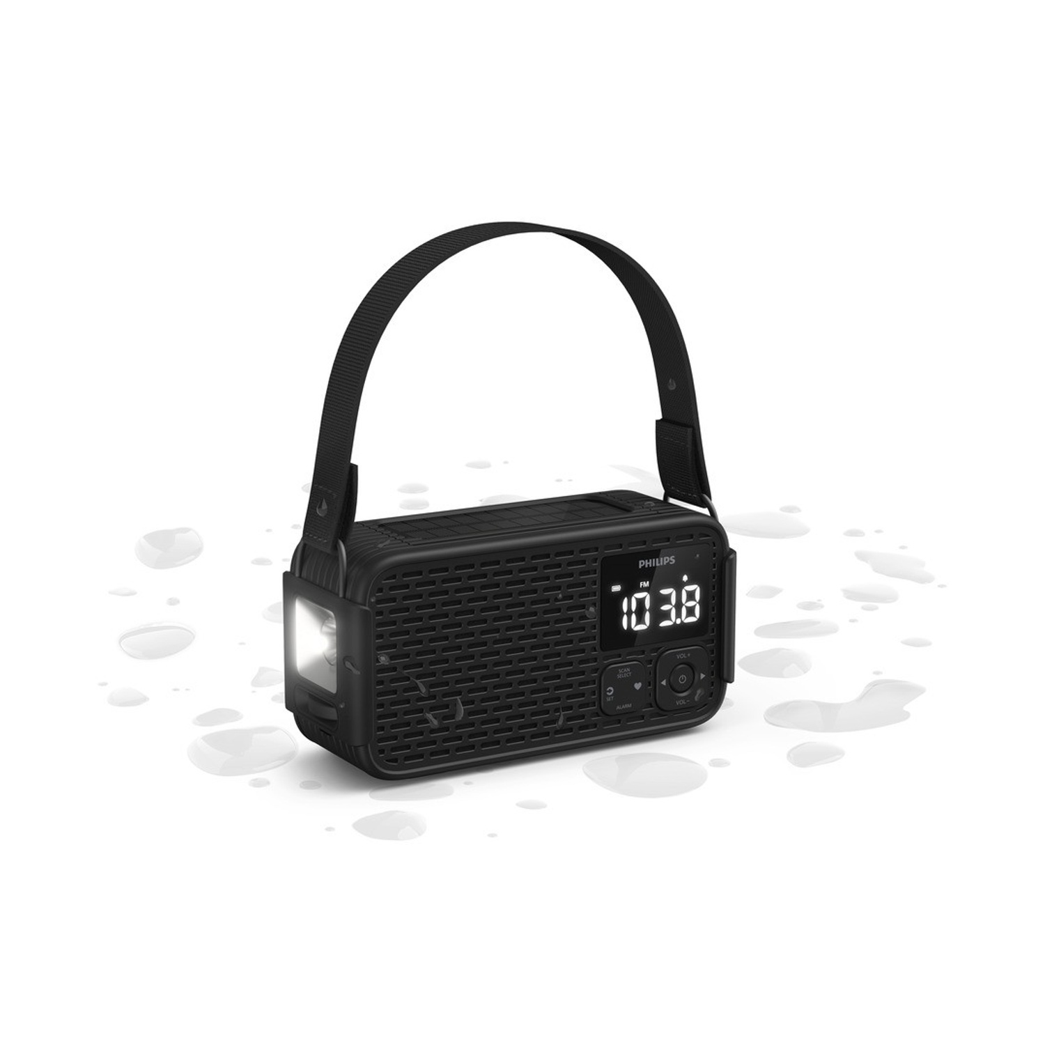 Radio Philips portatile nera con manico e lampada illuminata su sfondo bianco.