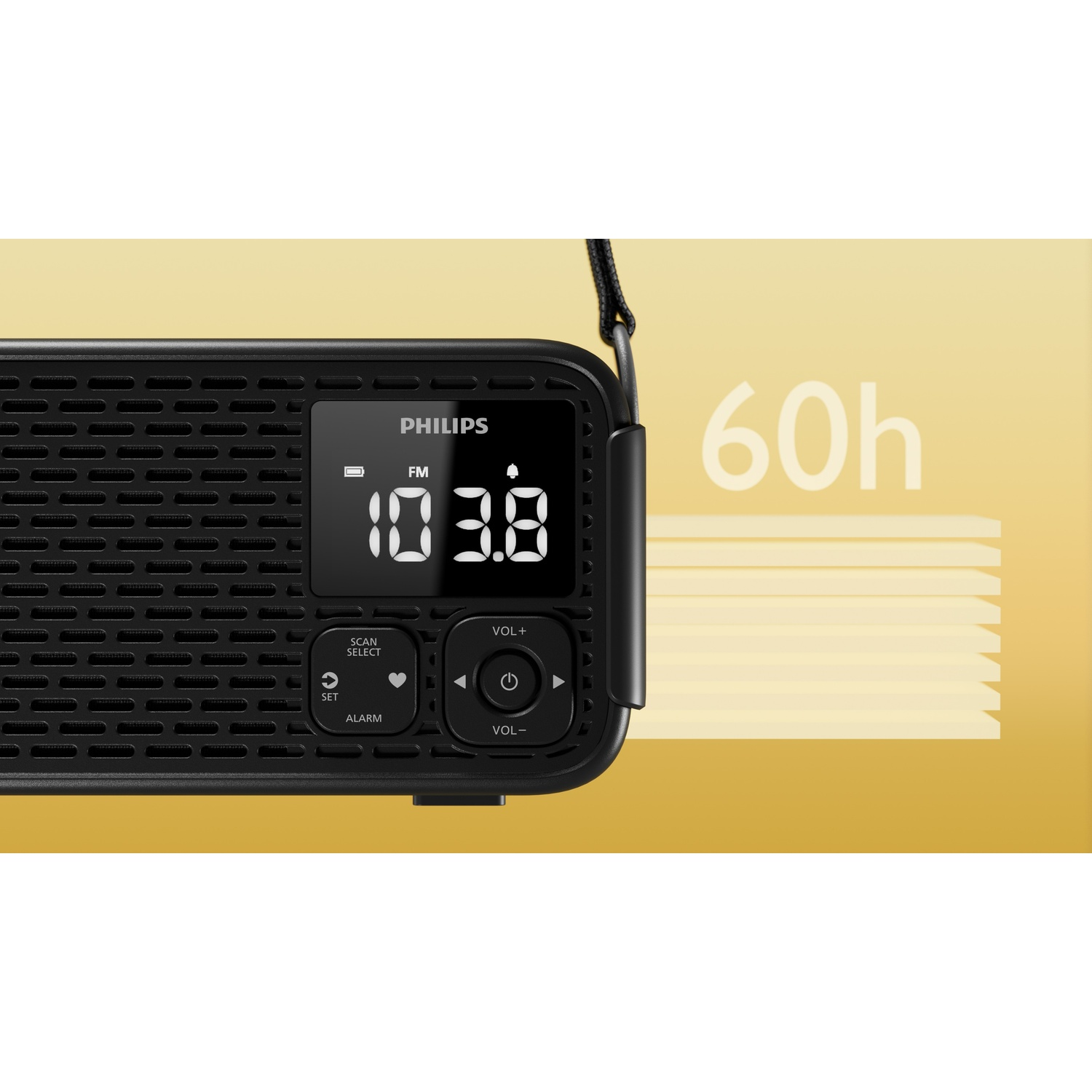 Radio Philips nera con display digitale, pulsanti e batteria da 60h.