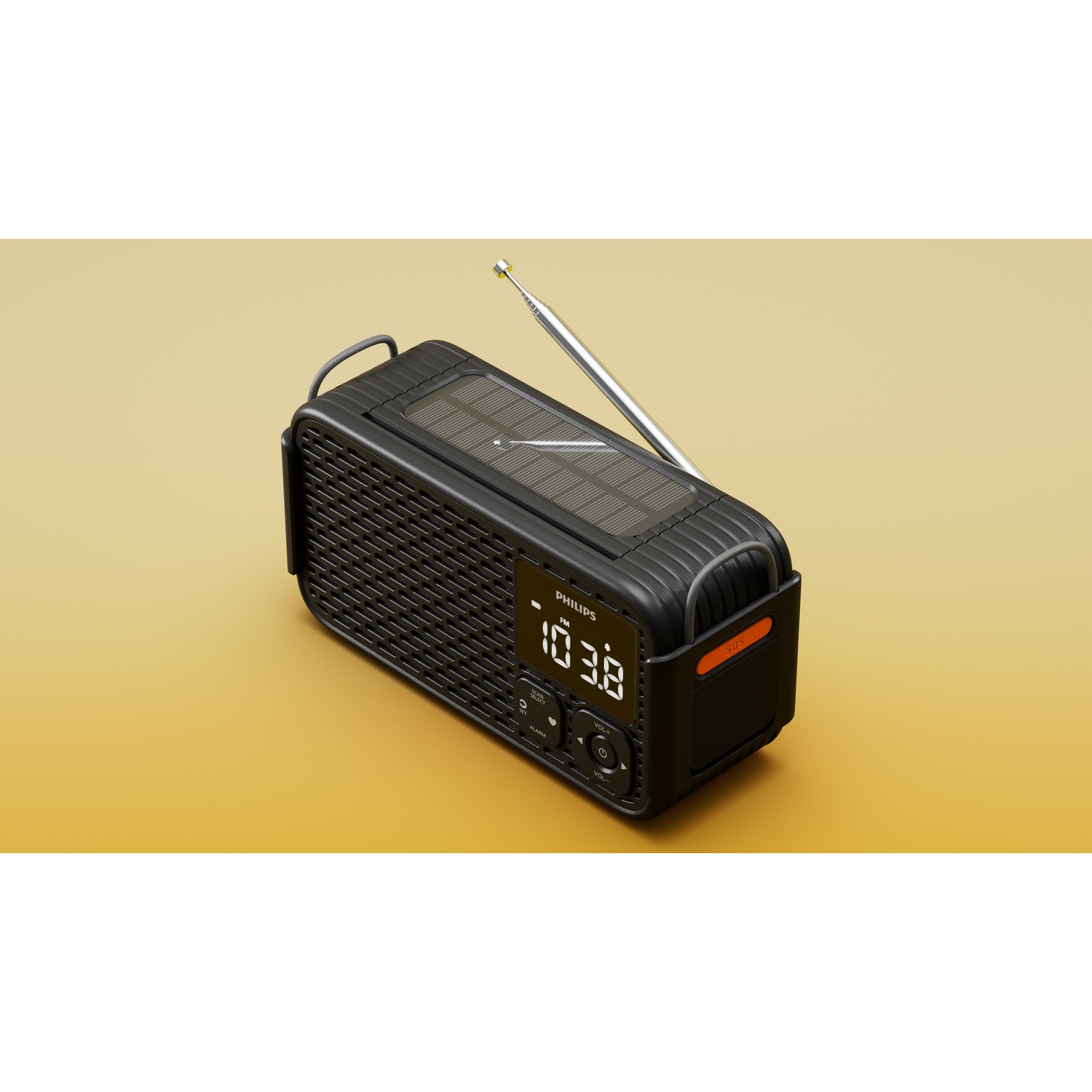 Radio nera con pannello solare e antenna estensibile su sfondo giallo.