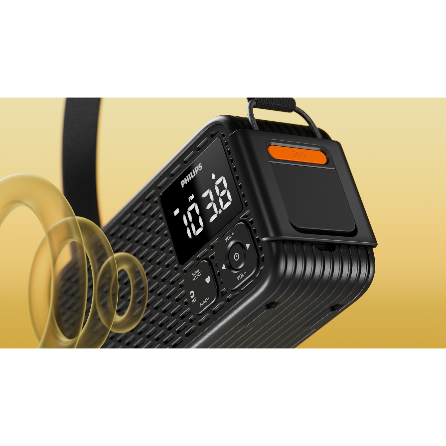 Radio Philips nera con display digitale 103.8 FM. Pulsante SOS.