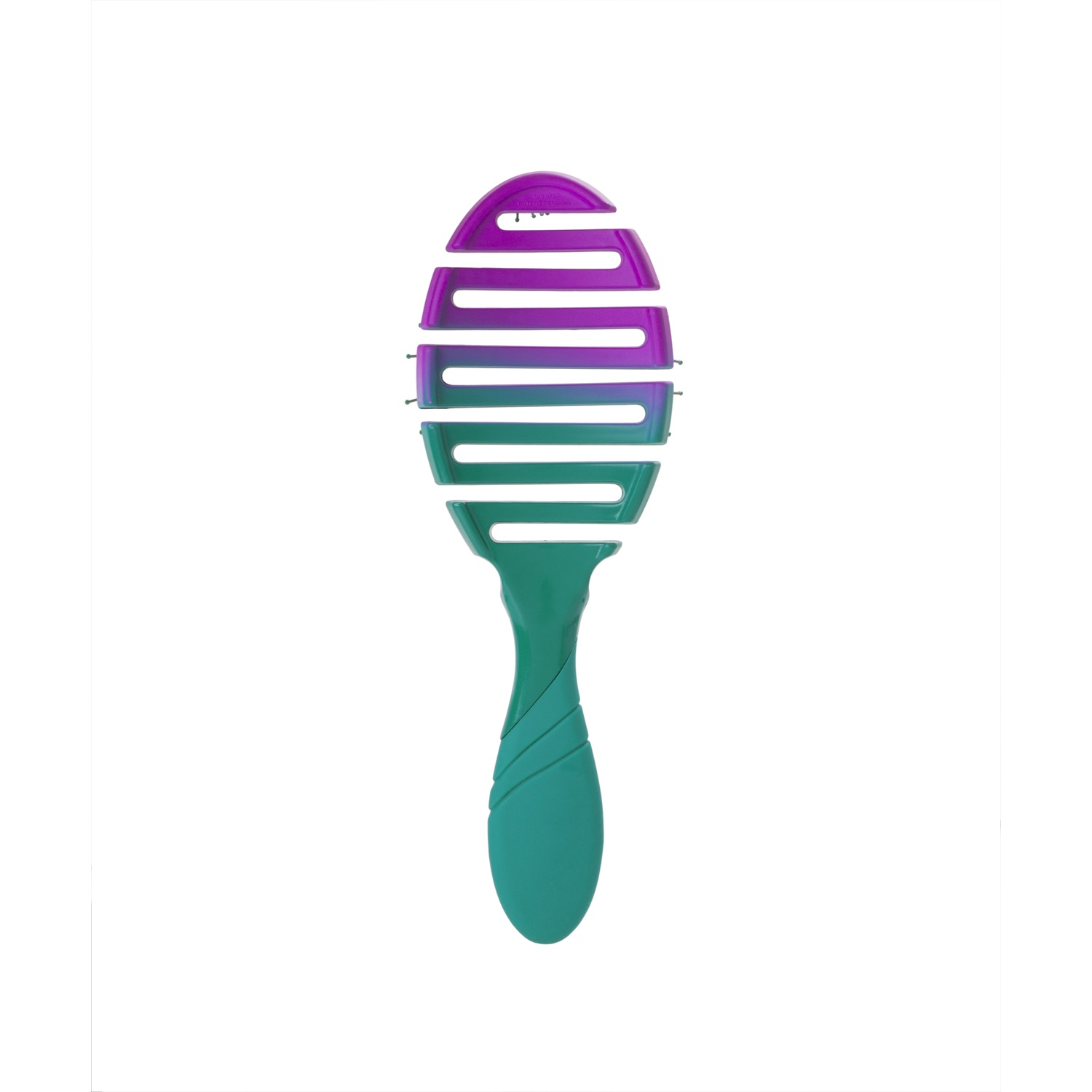 Una testina di spazzola per capelli viola e turchese con fessure.
