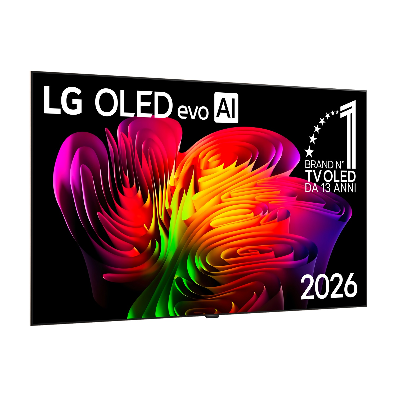 TV LG OLED evo AI con grafica astratta colorata e logo 'Marca N. 1'.