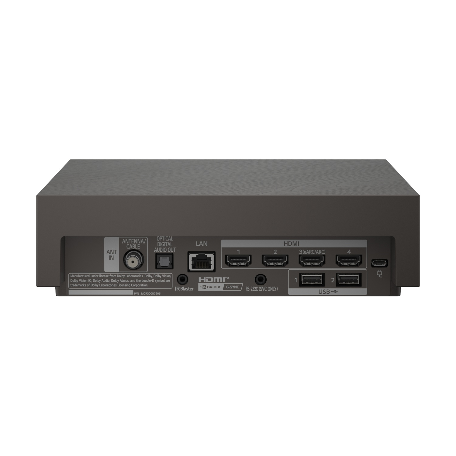 Retro di un dispositivo con porte: Antenna, Ottico, LAN, HDMI 1-4, USB, IR Blaster.
