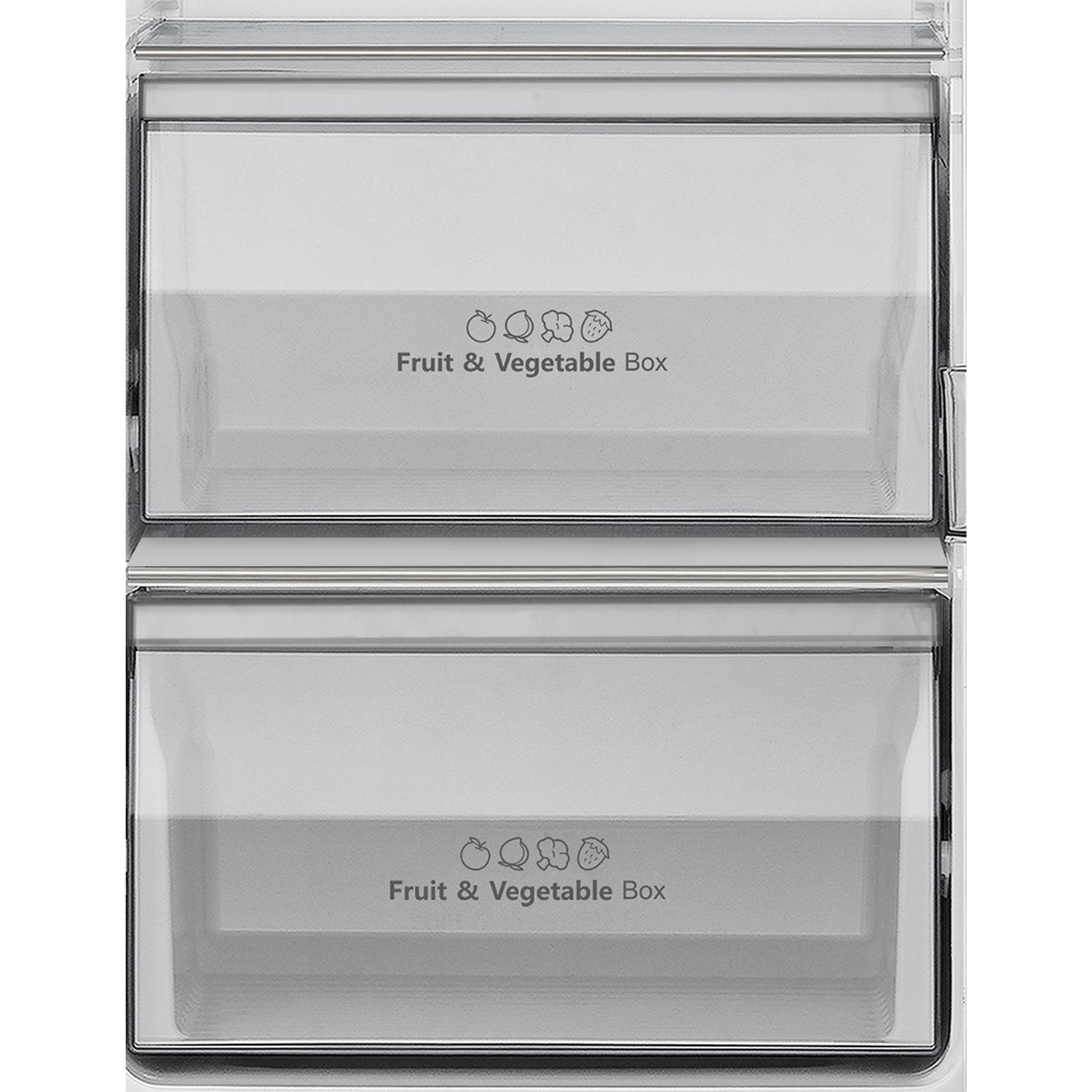 Twee lege, doorzichtige laden met het label "Fruit & Vegetable Box" in een koelkast.
