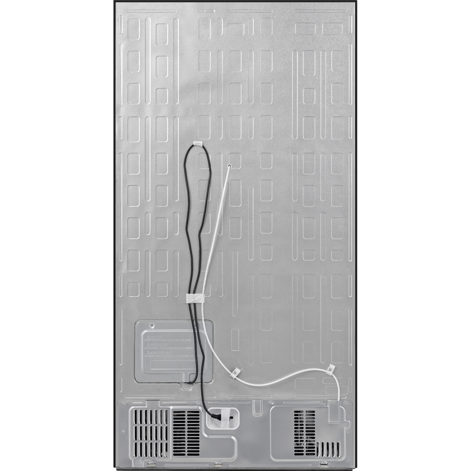 Achterkant van een koelkast met zilveren metalen behuizing, draden en ventilatieroosters.