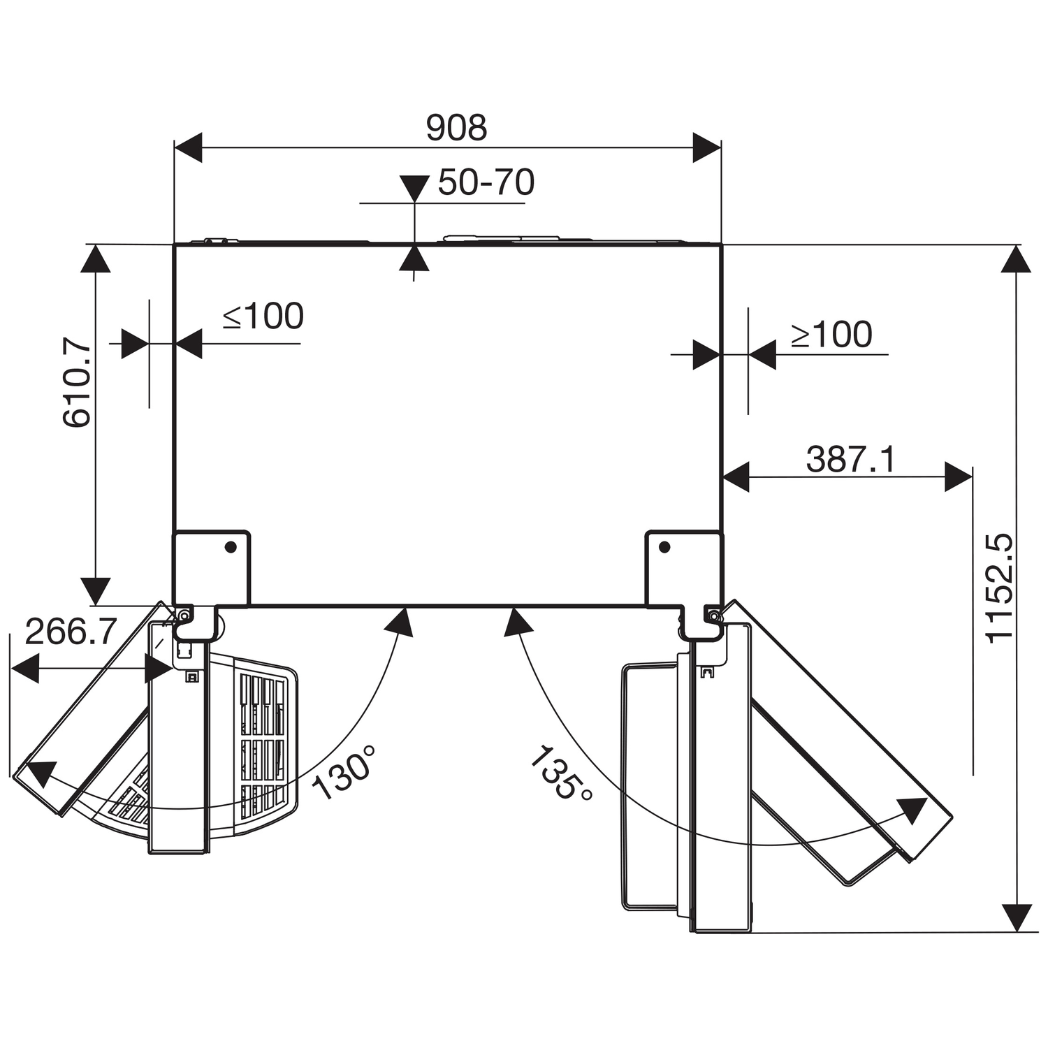 Technische tekening met afmetingen: 908, 610,7, 1152,5, 266,7, 387,1.