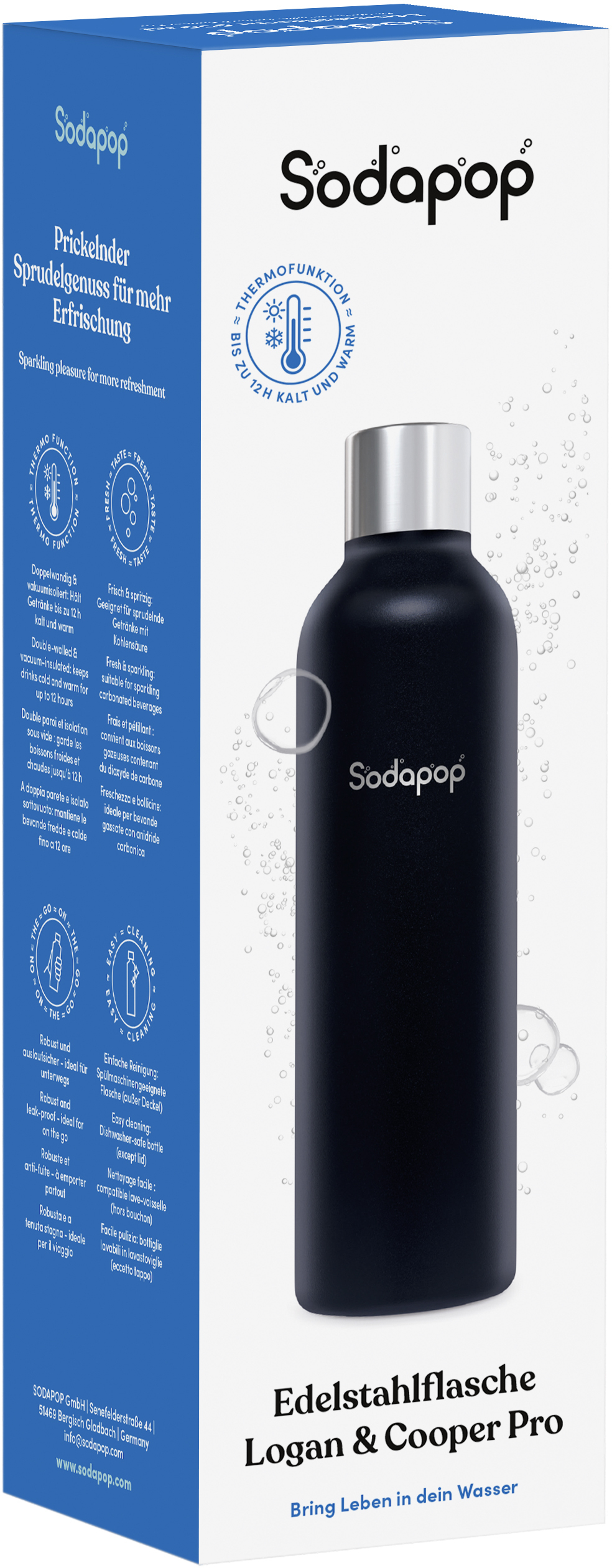 Eine schwarze Sodapop-Edelstahlflasche mit silbernem Deckel, steht auf weißem Grund.