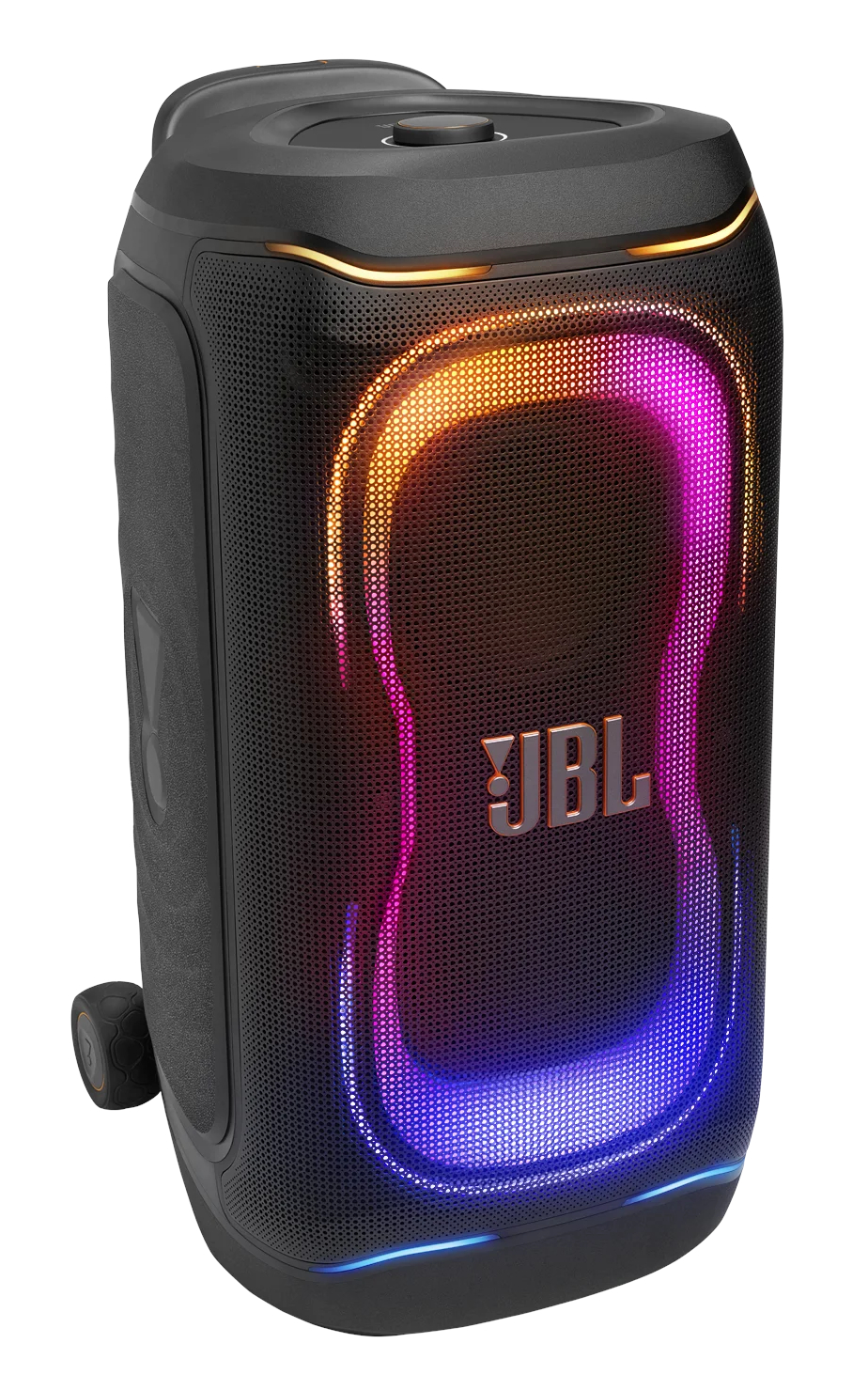 Czarny głośnik JBL z kolorowymi światłami LED i bocznym uchwytem.