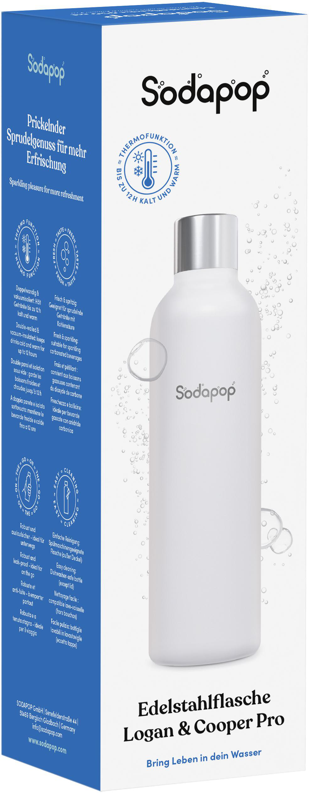 Weiße Sodapop-Flasche mit silbernem Deckel, beschriftet mit Produktinformationen.