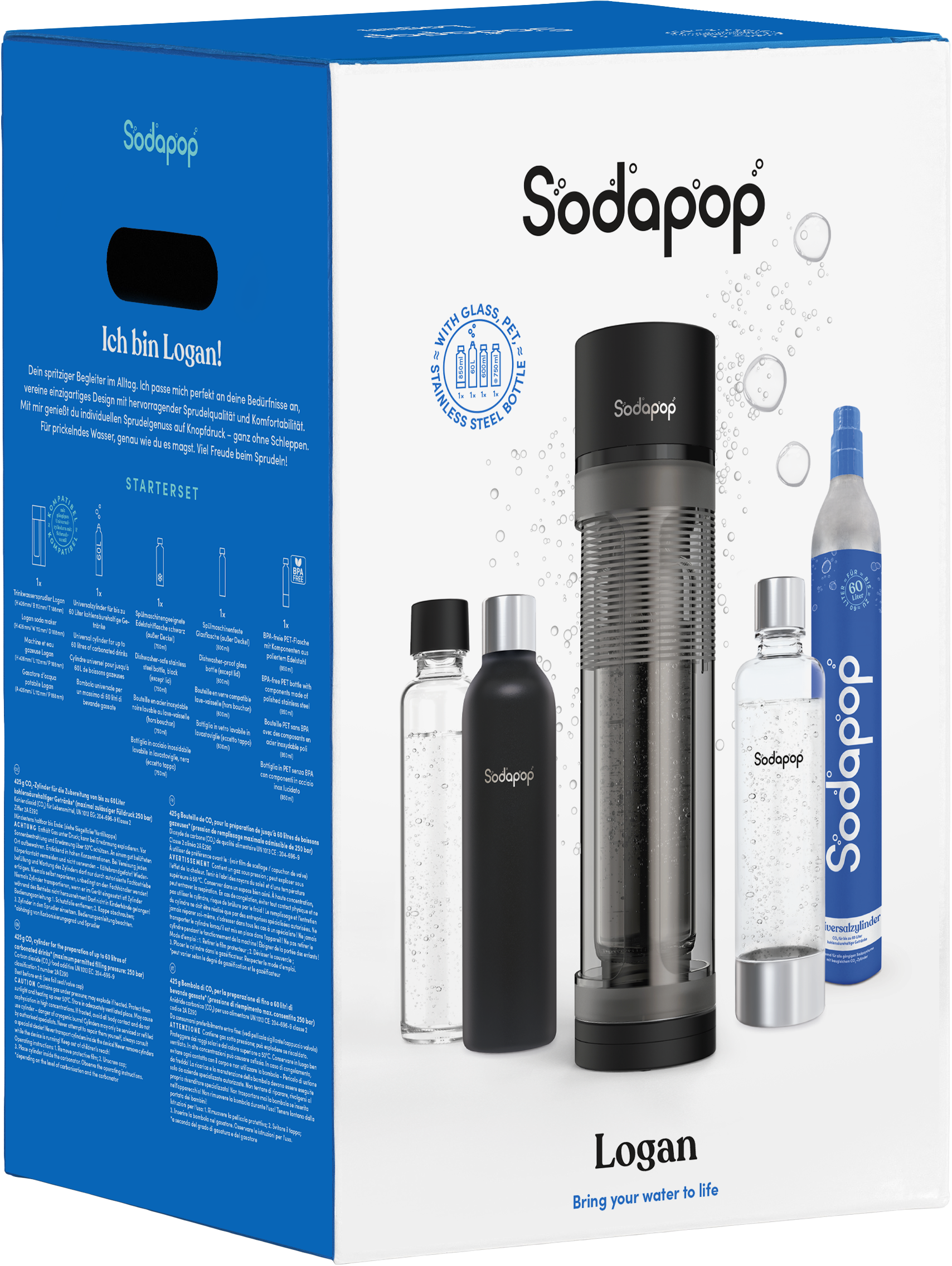 Sodapop Logan Starterset mit Sprudler, zwei Flaschen und CO2-Zylinder.