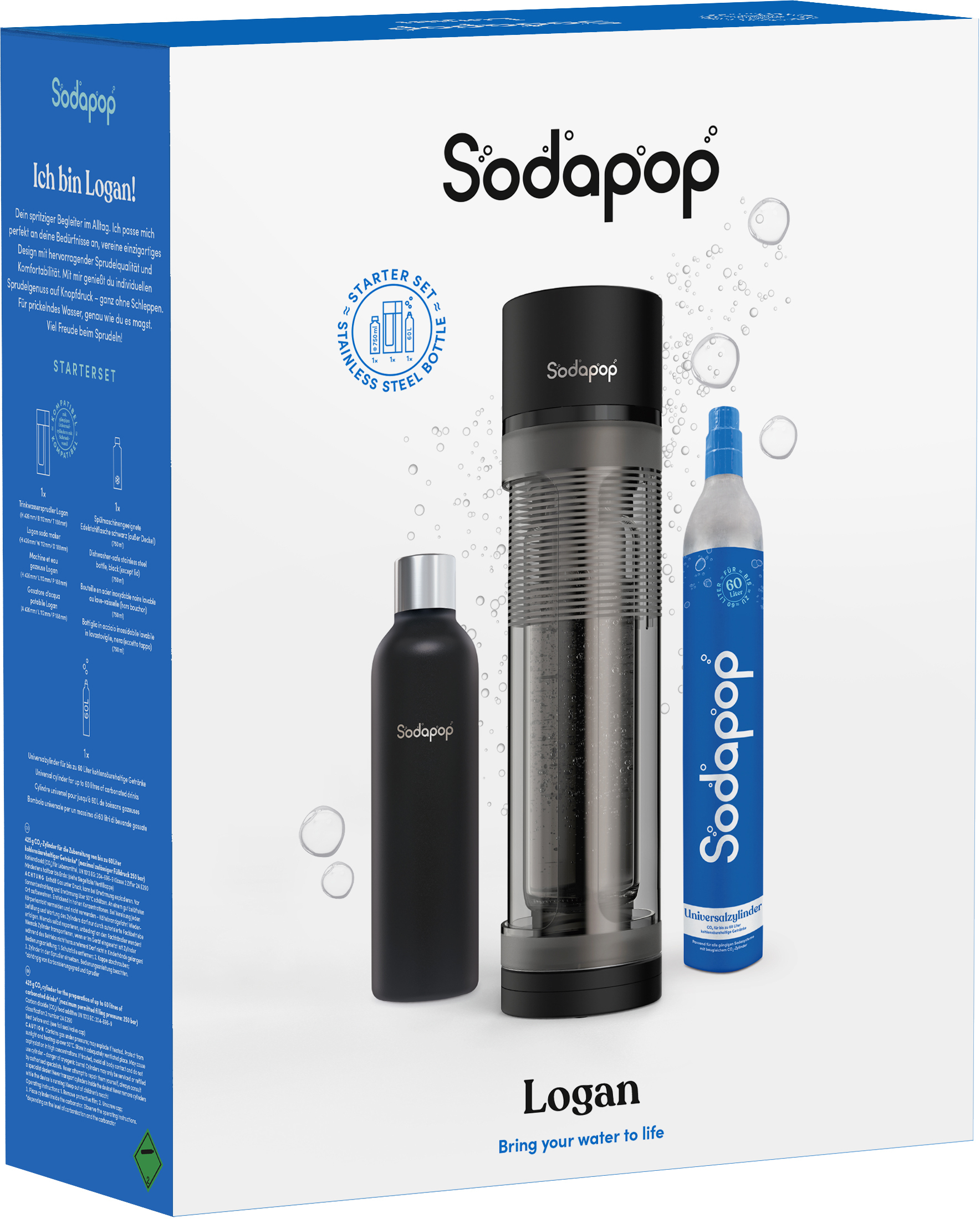 SodaPop Logan Starterset mit schwarzer Flasche, Sprudler und CO2-Zylinder auf weißem Grund.
