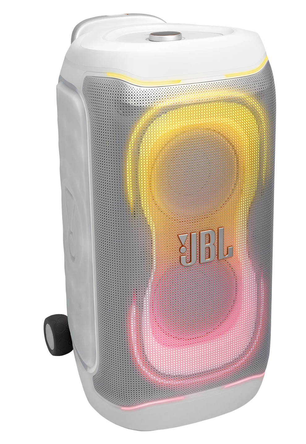 Biały głośnik JBL z kolorowymi światłami i kółkami.