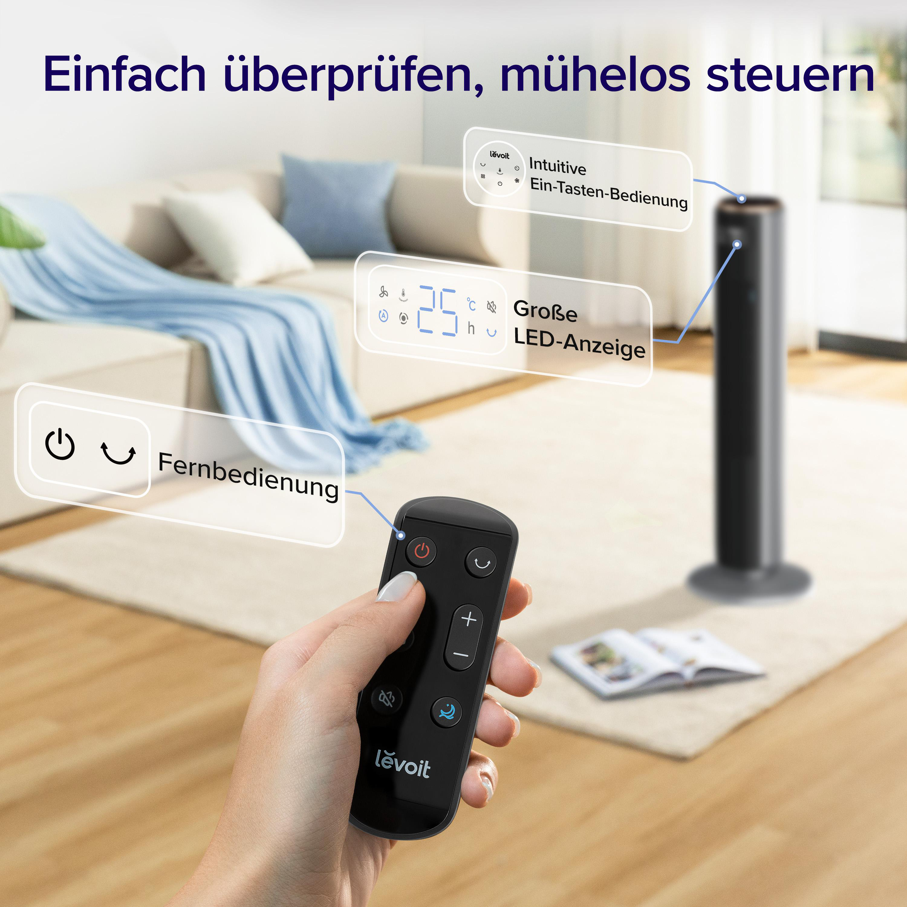 Eine Hand hält Fernbedienung vor Standventilator mit LED-Anzeige.