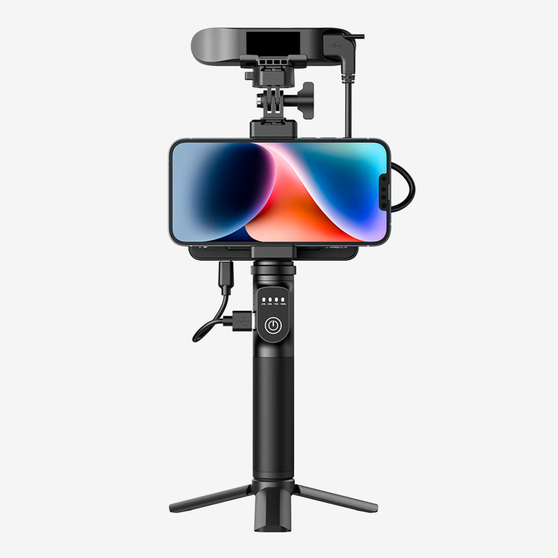 Ein schwarzer Smartphone-Stabilisator mit Mikrofon, Powerbank und Stativbeinen.