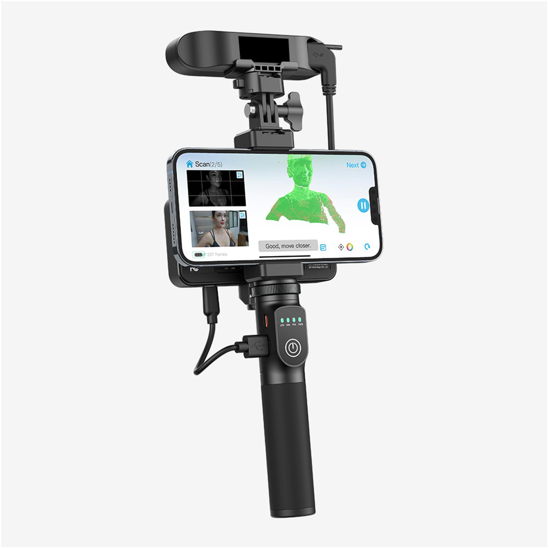 Ein Smartphone-Gimbal mit Aufsatz und Ladeanschluss.