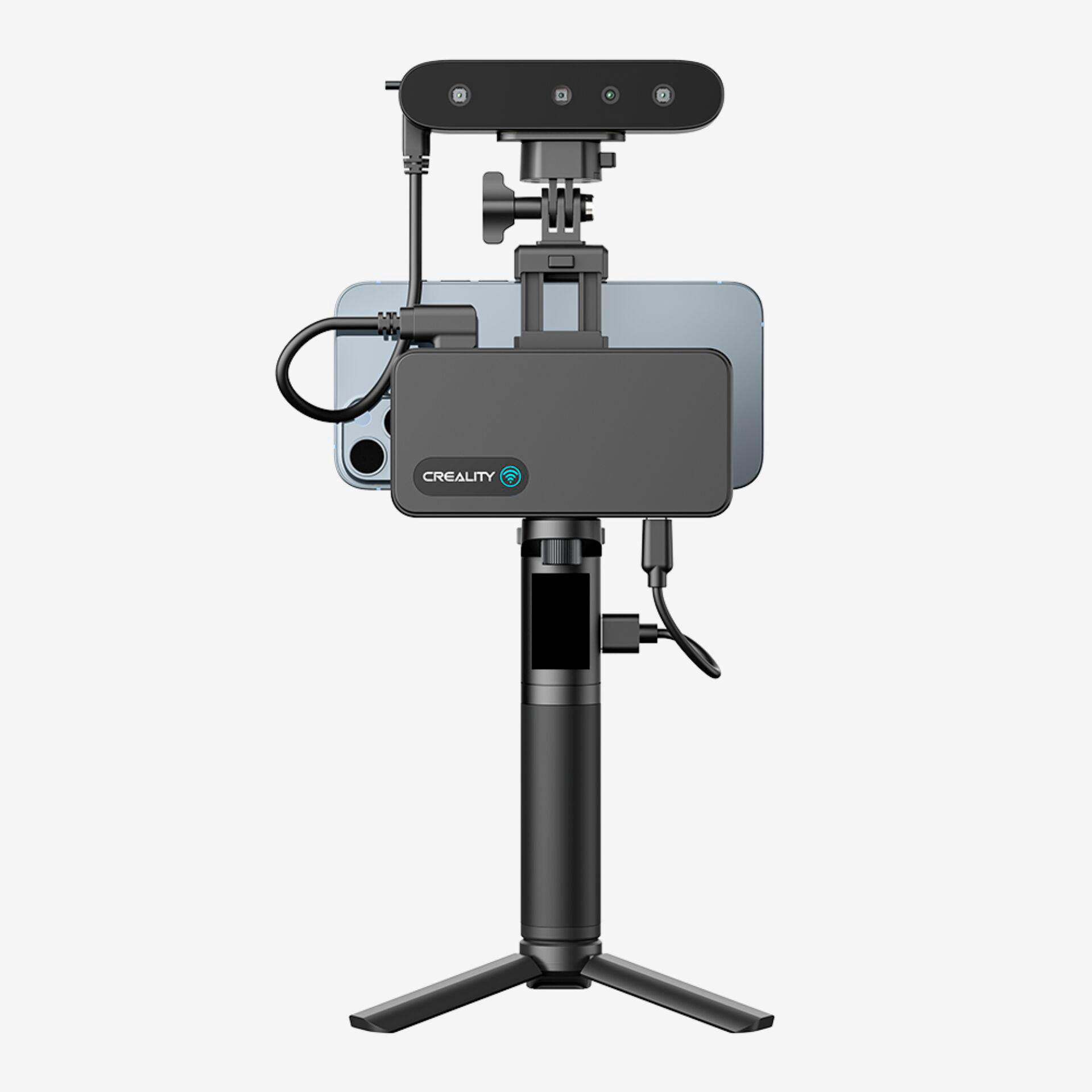 Ein schwarzes 3D-Scan-Gerät ist auf einem Stativ montiert, das ein Smartphone hält.